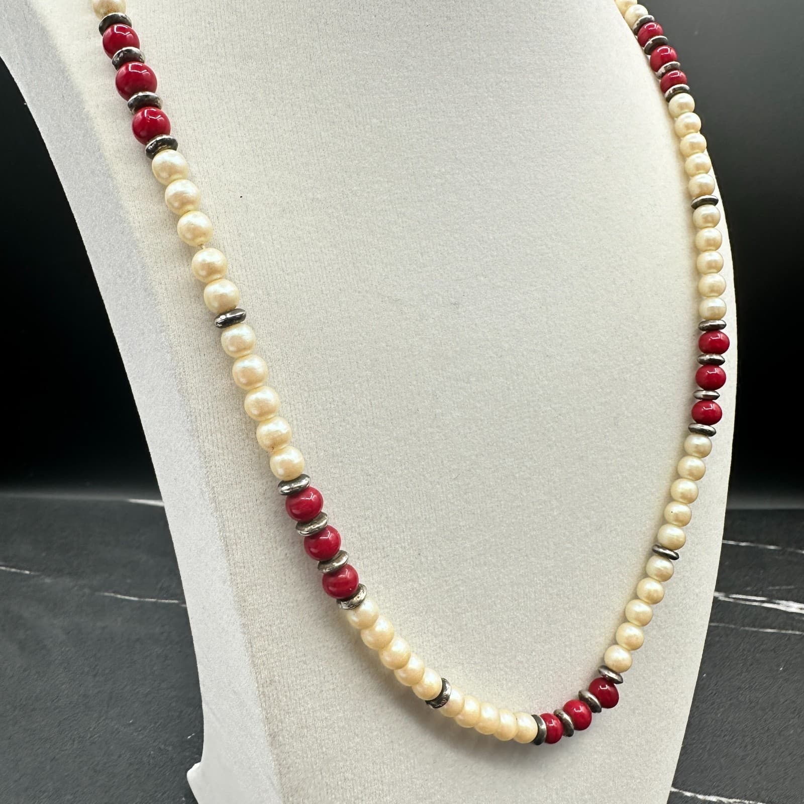 Vintage Faux Pearl Red Glass Bead Necklace Silver Spacer 16" Long Flapper Style - Thumbnail 2