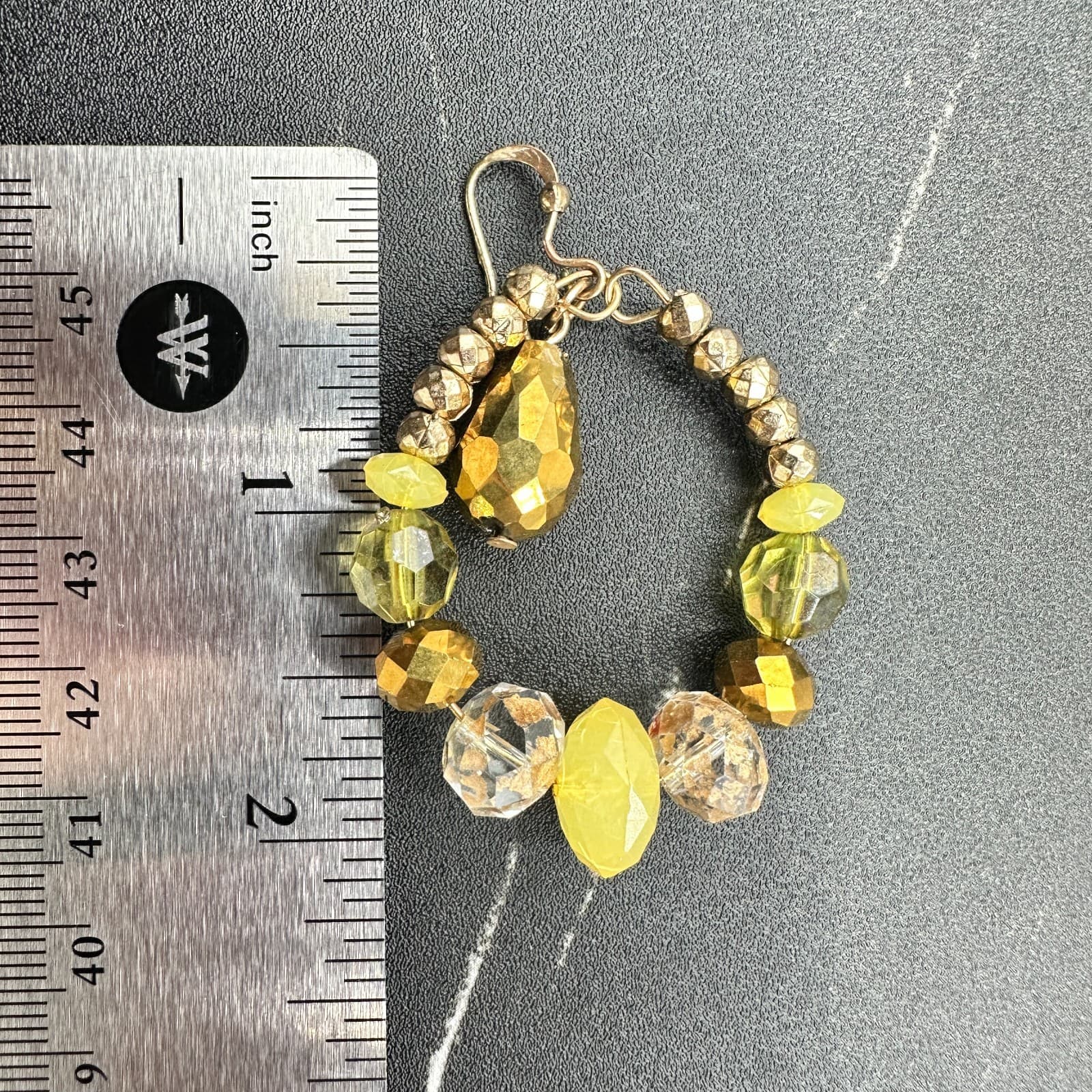 VTG Beaded Teardrop Hoop Earrings Crystal Glass Gold Tone Yellow Green Dangle - Thumbnail 2