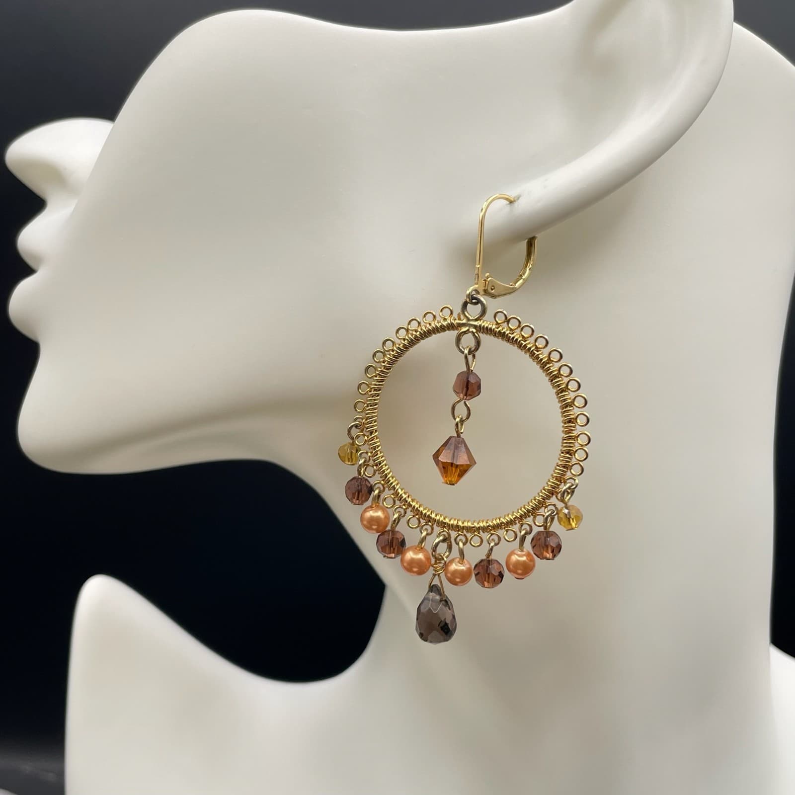 VTG Gold-Tone Faceted Glass Beaded Wire-Wrapped Hoop Chandelier Dangle Earrings - Image 1