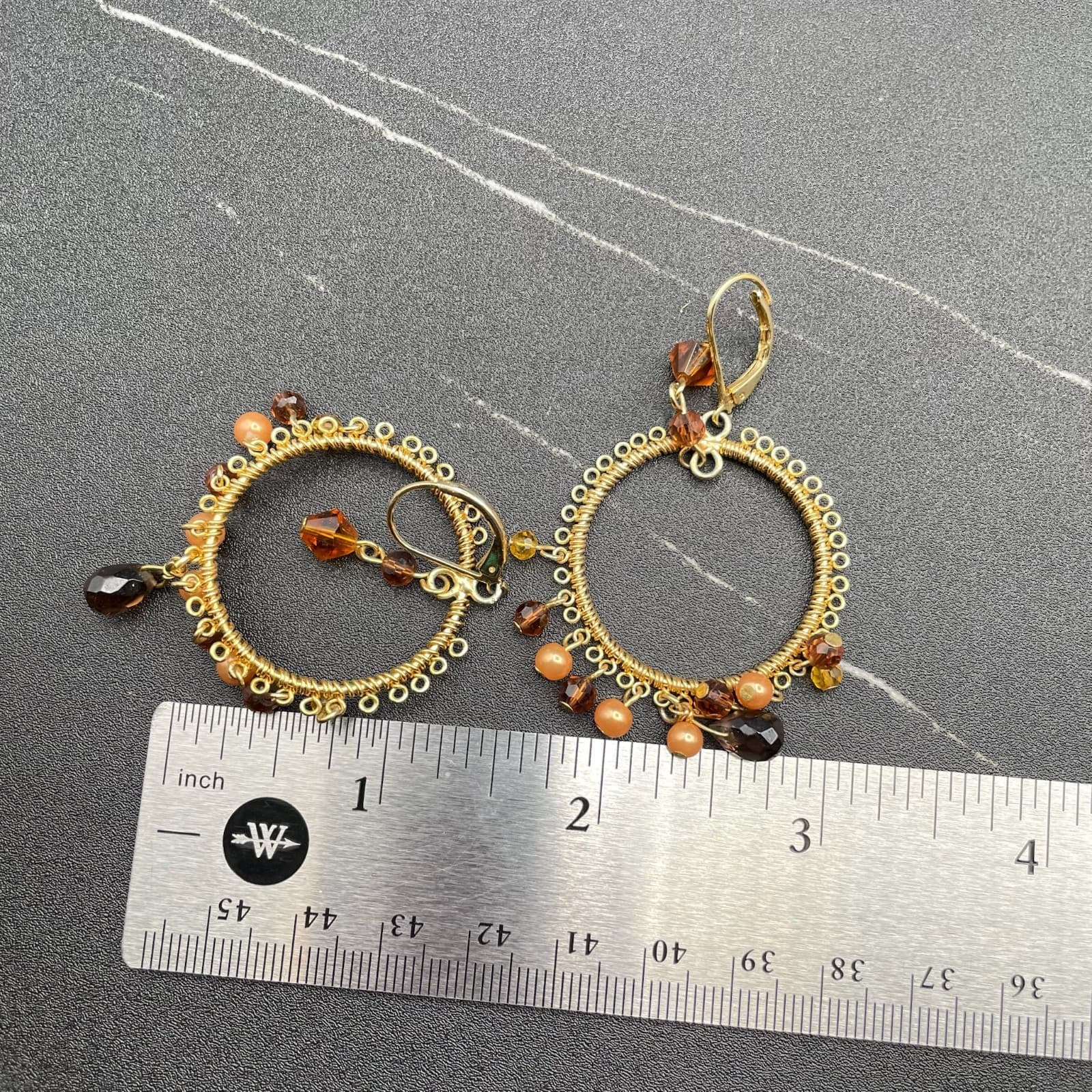 VTG Gold-Tone Faceted Glass Beaded Wire-Wrapped Hoop Chandelier Dangle Earrings - Thumbnail 7