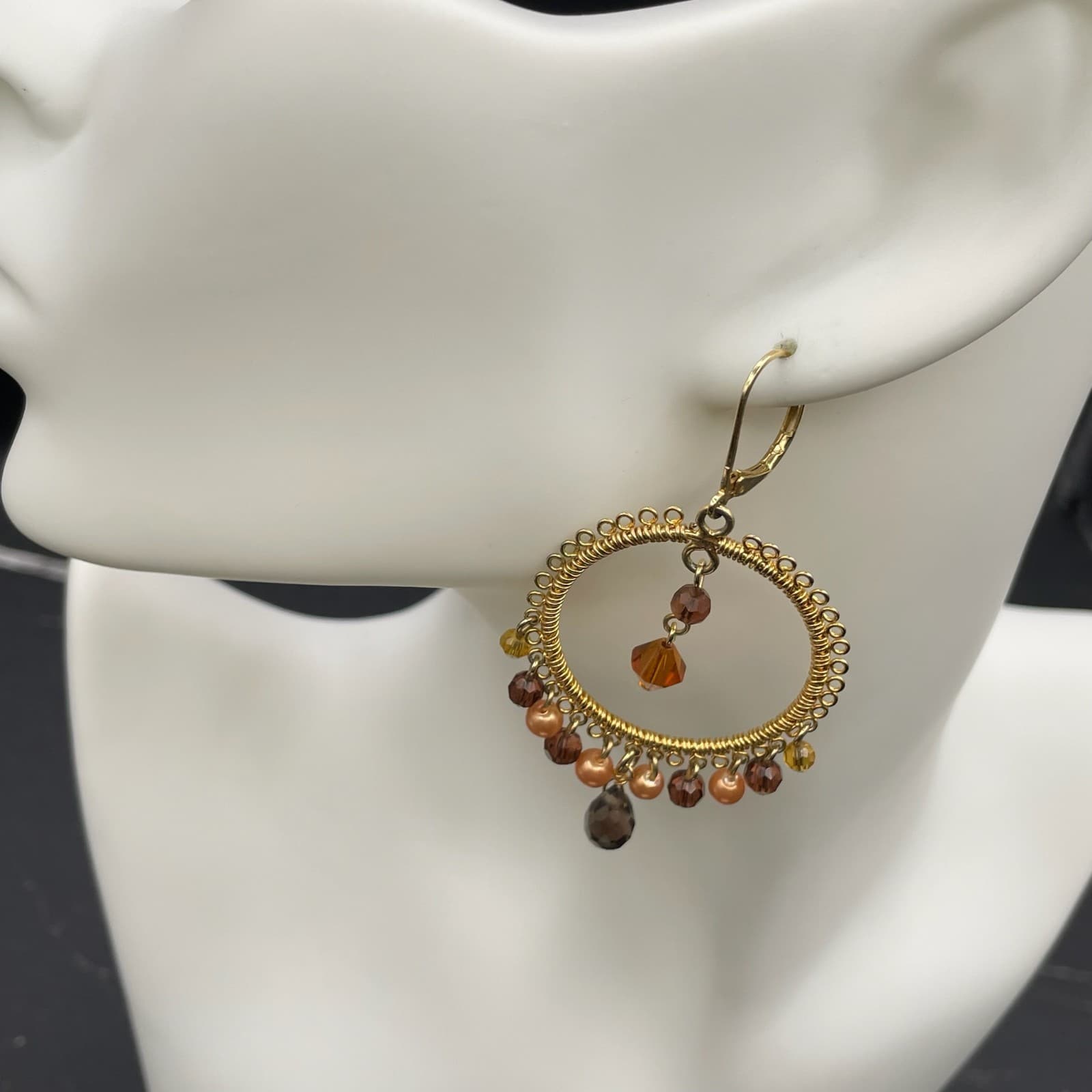 VTG Gold-Tone Faceted Glass Beaded Wire-Wrapped Hoop Chandelier Dangle Earrings - Thumbnail 6