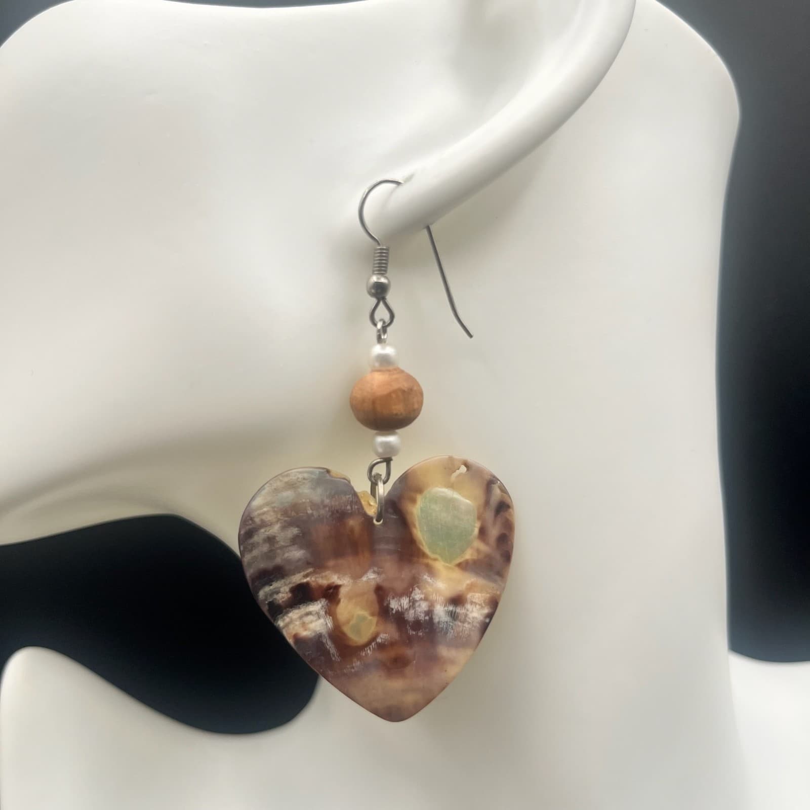 Vintage Abalone Shell Heart Dangle Earrings Faux Pearl Wood Beads Boho Jewelry - Image 1