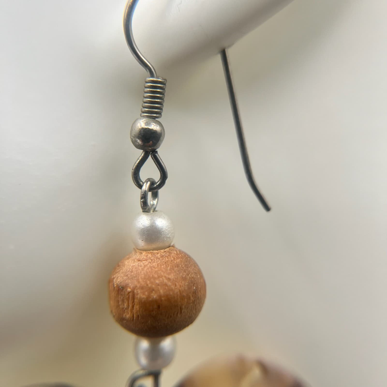 Vintage Abalone Shell Heart Dangle Earrings Faux Pearl Wood Beads Boho Jewelry - Thumbnail 5