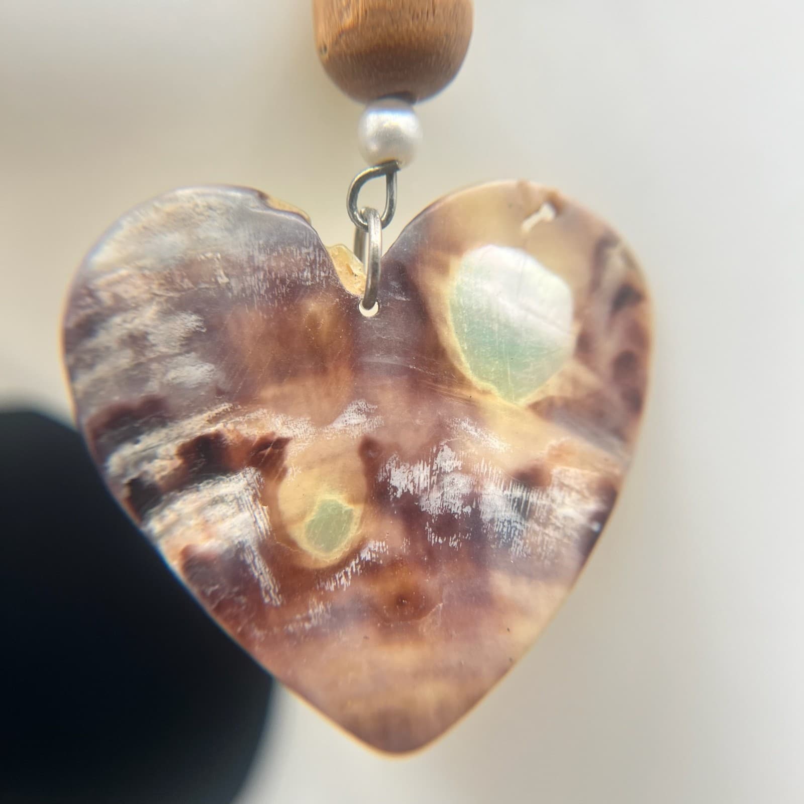 Vintage Abalone Shell Heart Dangle Earrings Faux Pearl Wood Beads Boho Jewelry - Thumbnail 3