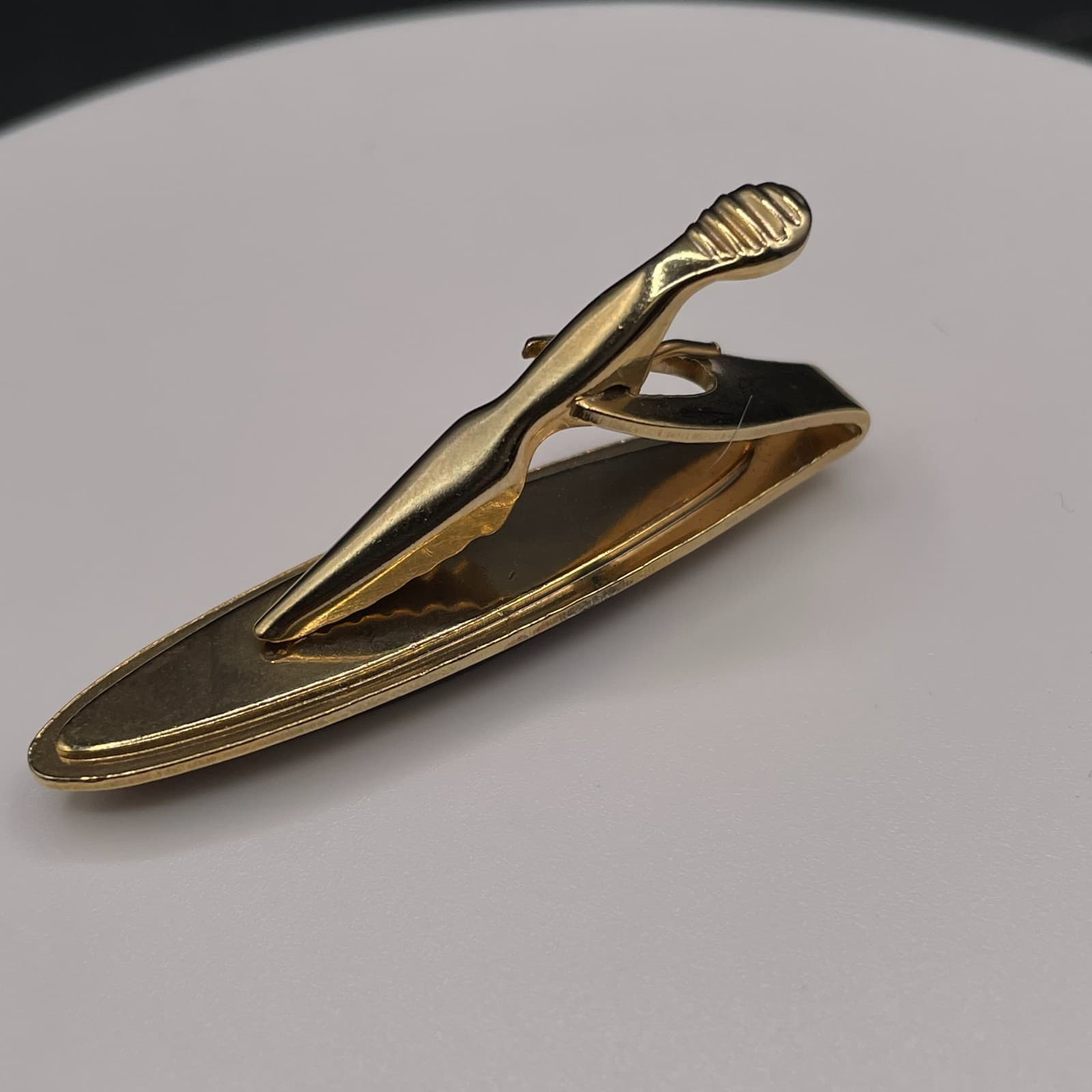 VTG Gold Tone Tie Clip Bar Dark Brown Resin Inlay Rhinestone Mid Century Style - Thumbnail 5