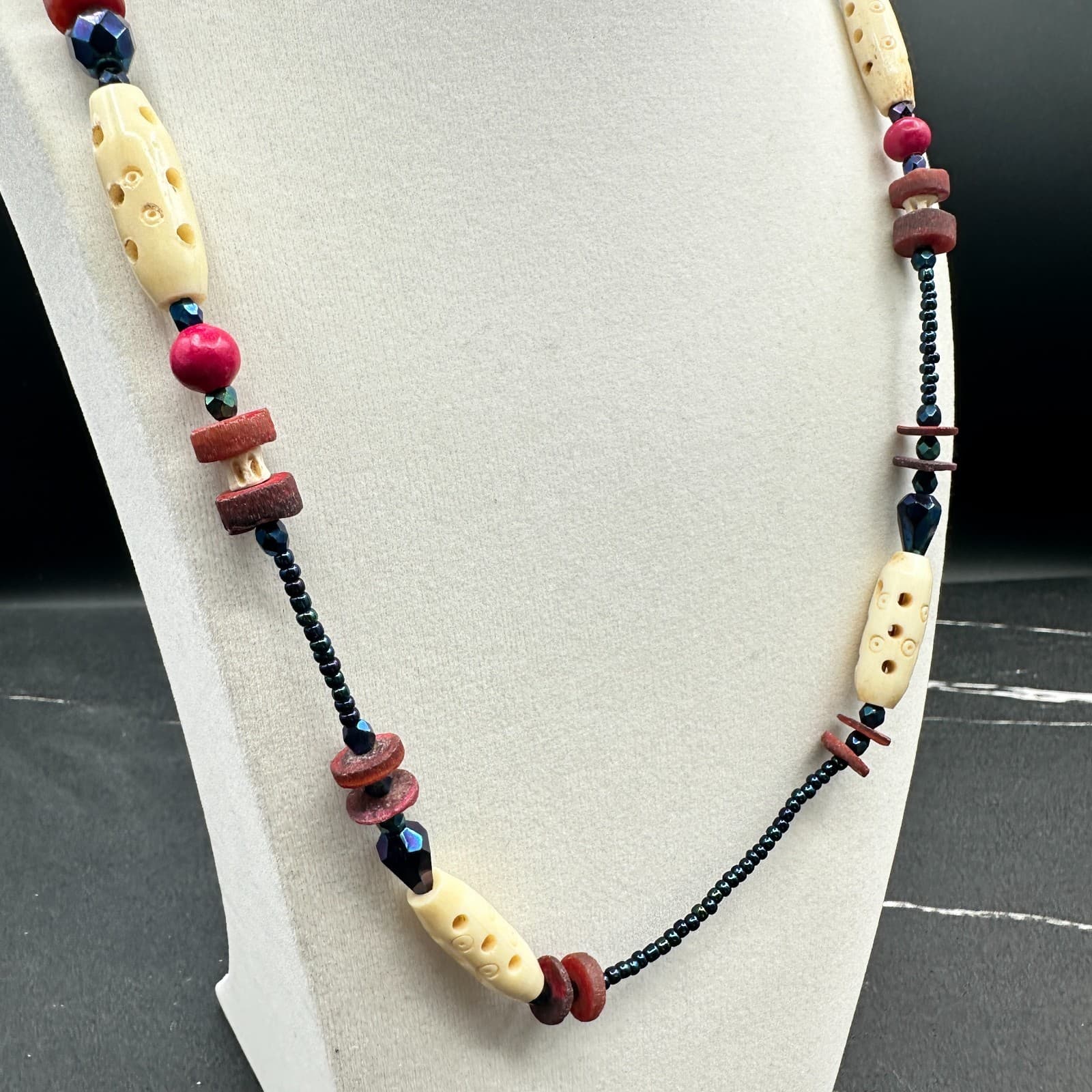 Vintage 90s Boho Wooden Beaded Necklace Statement Retro Women's Classic Jewelry - Thumbnail 2