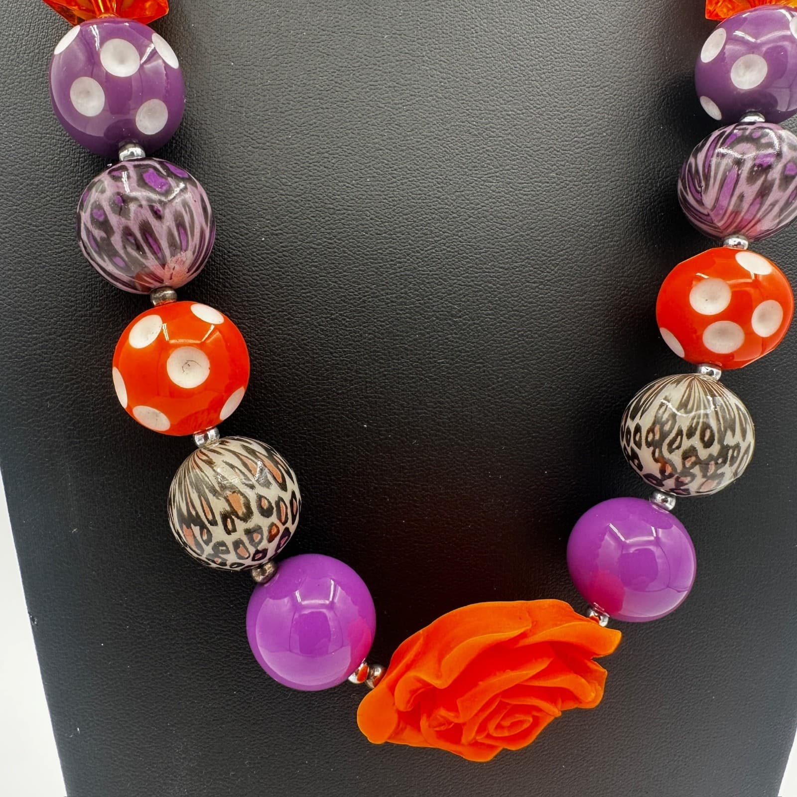 Chunky Halloween Bubblegum Necklace w/ Orange Rose & Leopard Beads - Thumbnail 3