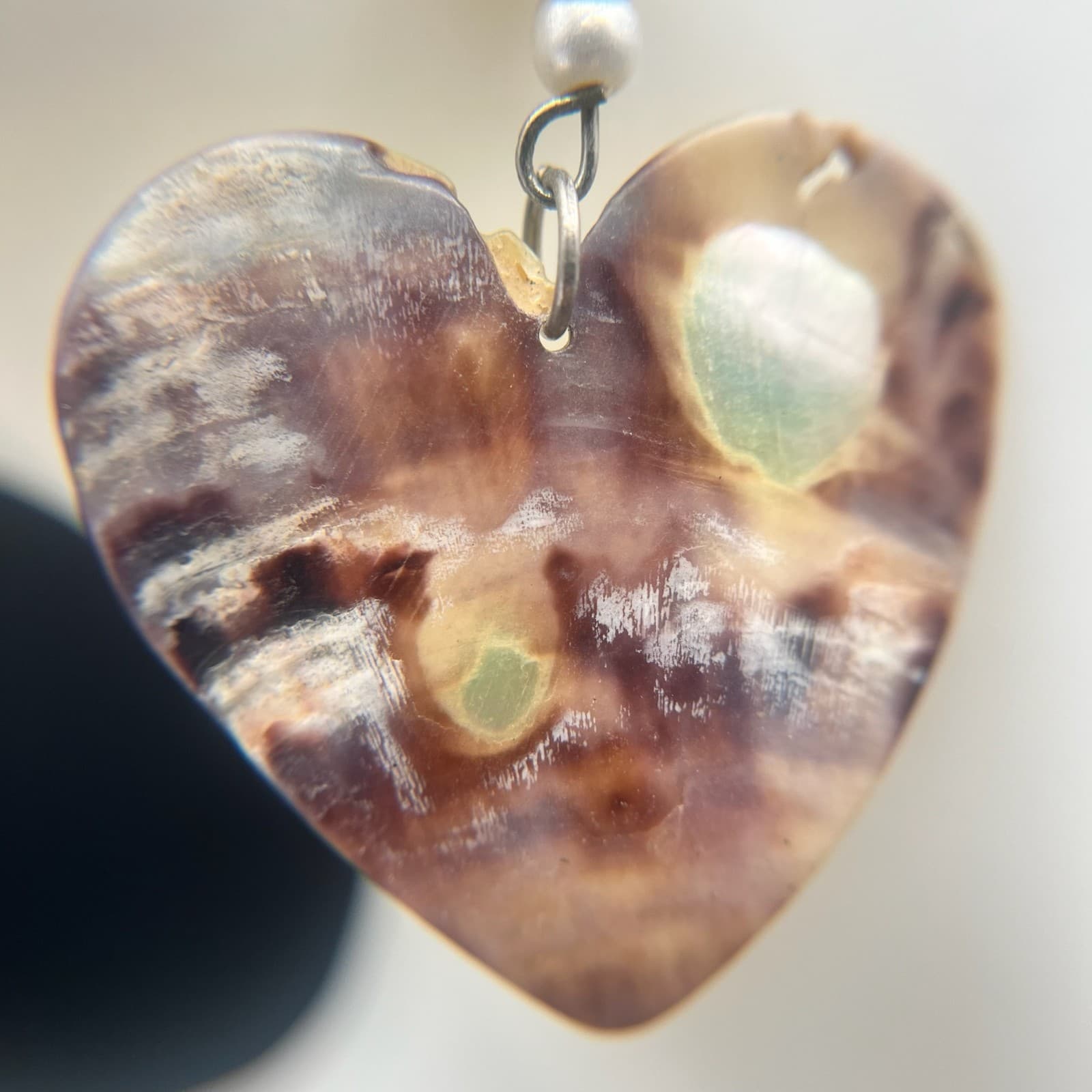 Vintage Abalone Shell Heart Dangle Earrings Faux Pearl Wood Beads Boho Jewelry - Thumbnail 6