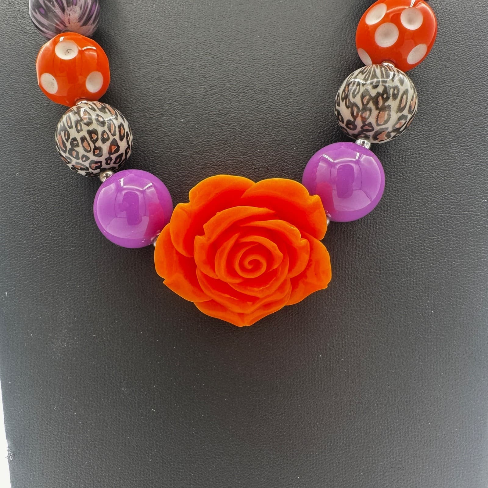 Chunky Halloween Bubblegum Necklace w/ Orange Rose & Leopard Beads - Thumbnail 2