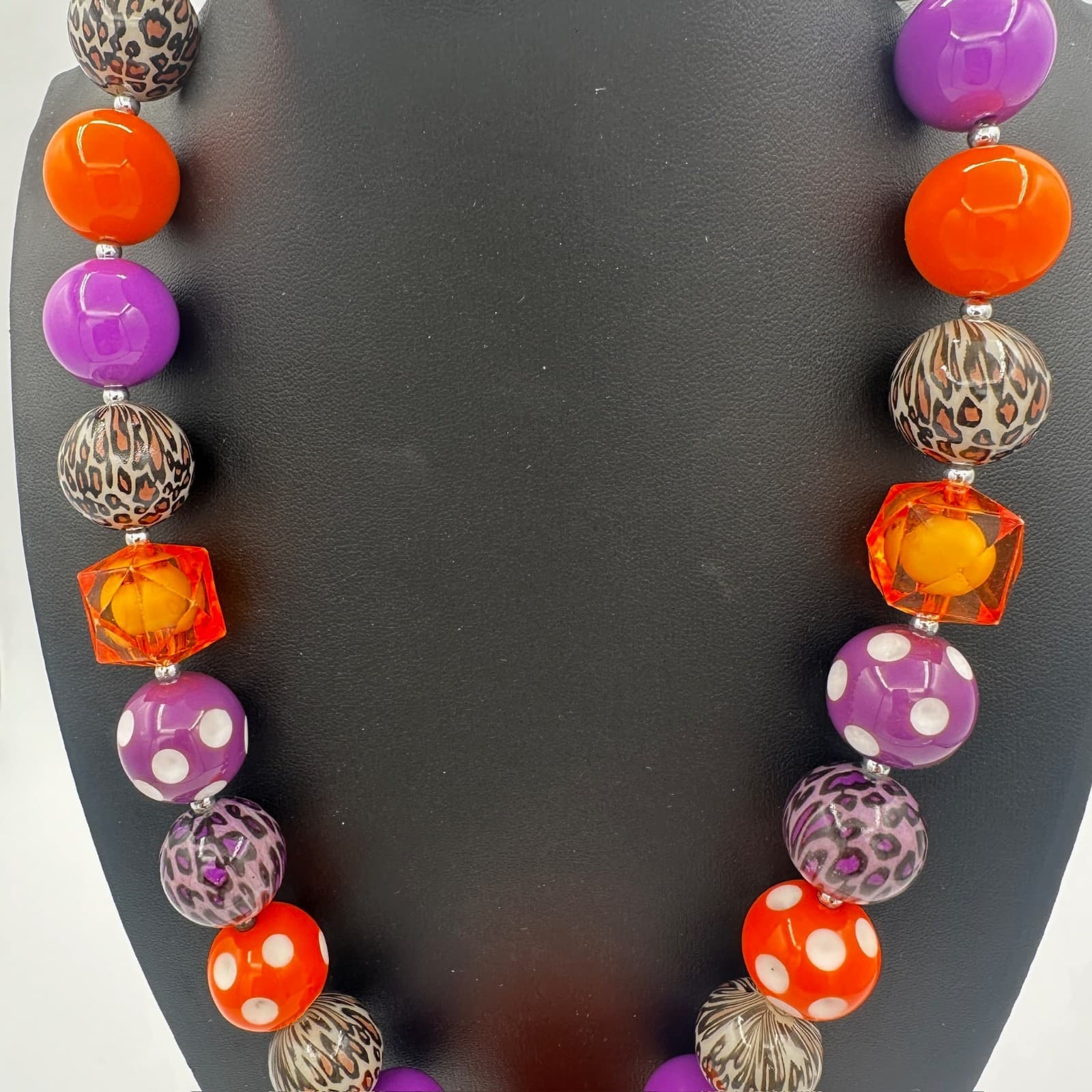 Chunky Halloween Bubblegum Necklace w/ Orange Rose & Leopard Beads - Thumbnail 4