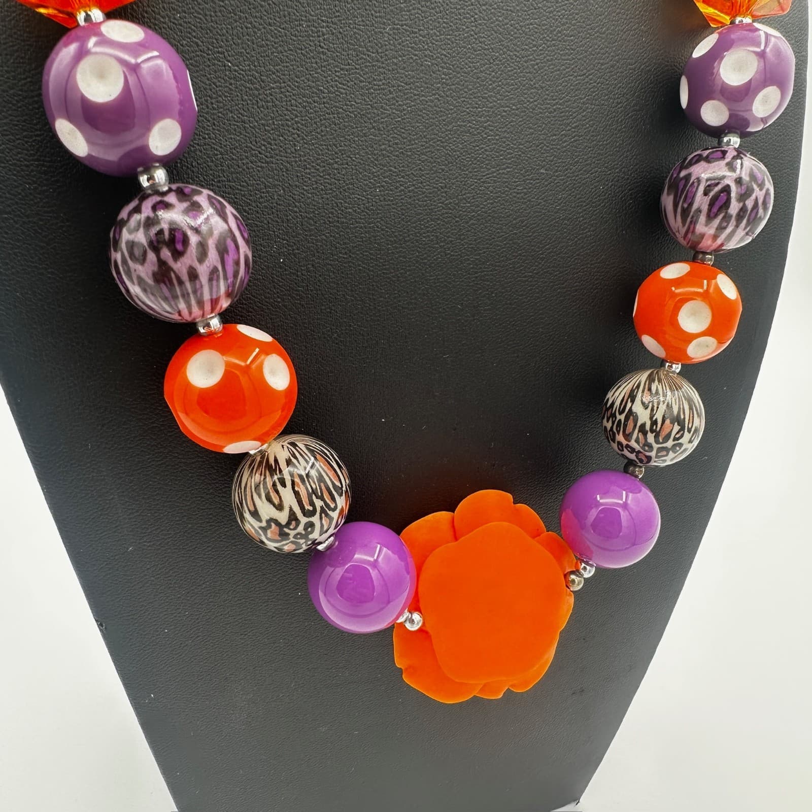 Chunky Halloween Bubblegum Necklace w/ Orange Rose & Leopard Beads - Thumbnail 6