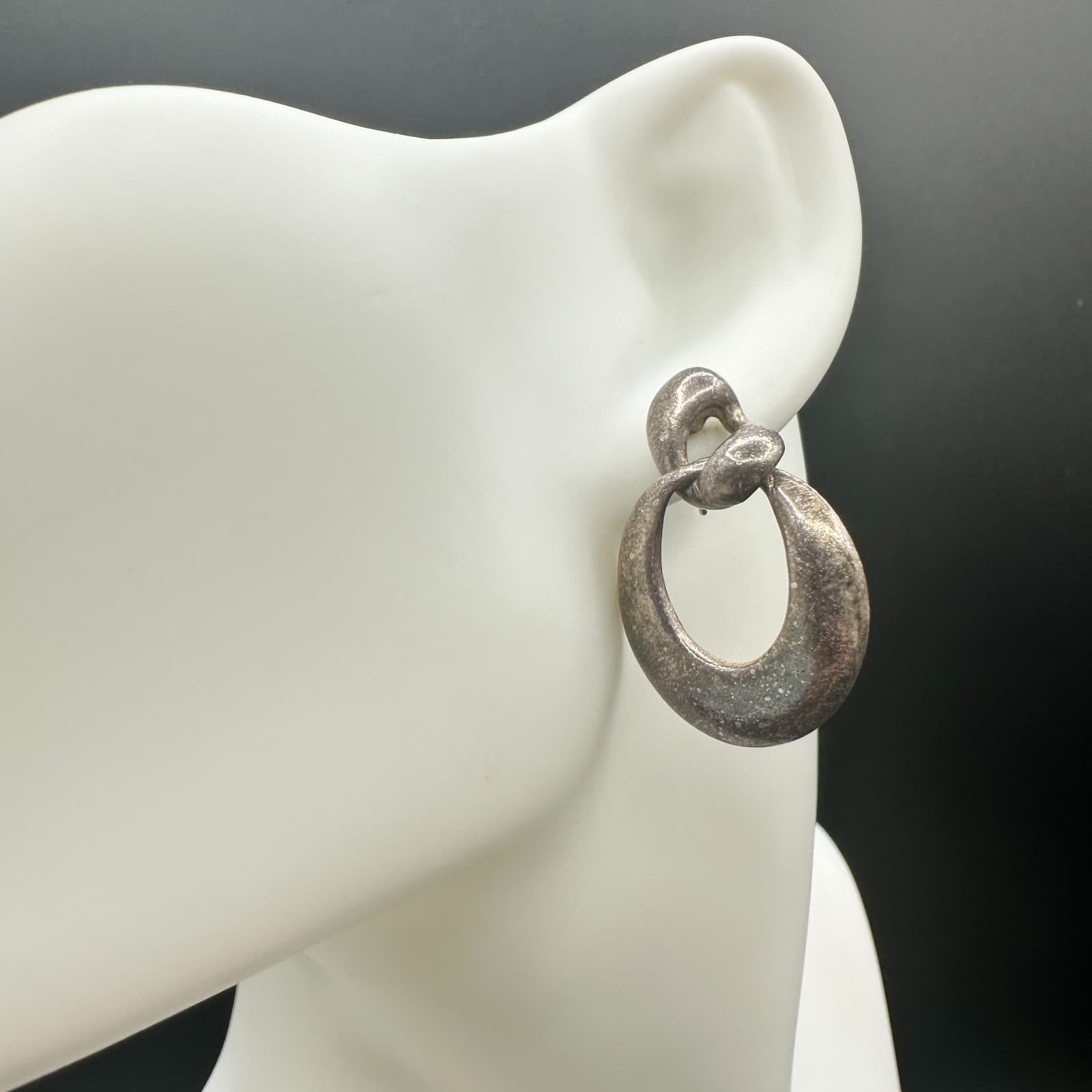 VTG Silver Tone Abstract Knot Oval Drop Earrings Textured Statement Pierced - Image 1