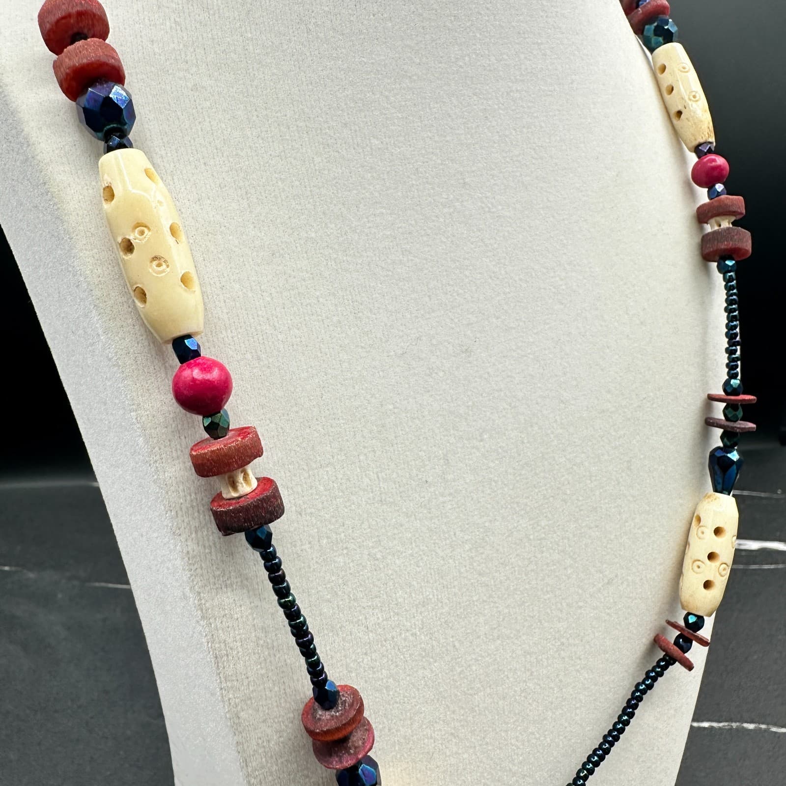 Vintage 90s Boho Wooden Beaded Necklace Statement Retro Women's Classic Jewelry - Thumbnail 3