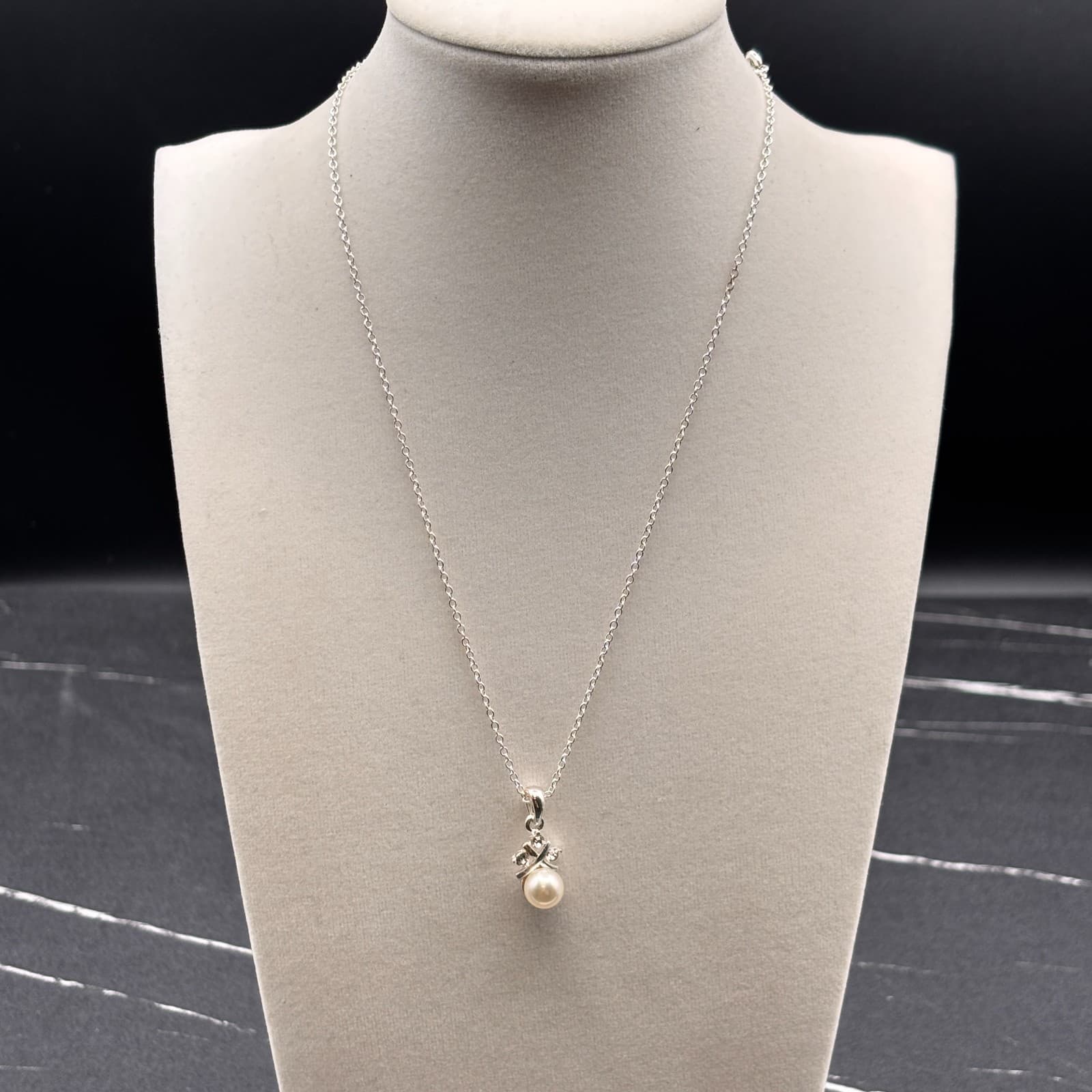 Sha Silver Tone Faux Pearl Pendant Necklace Women White Crystal Accent Jewelry - Image 1