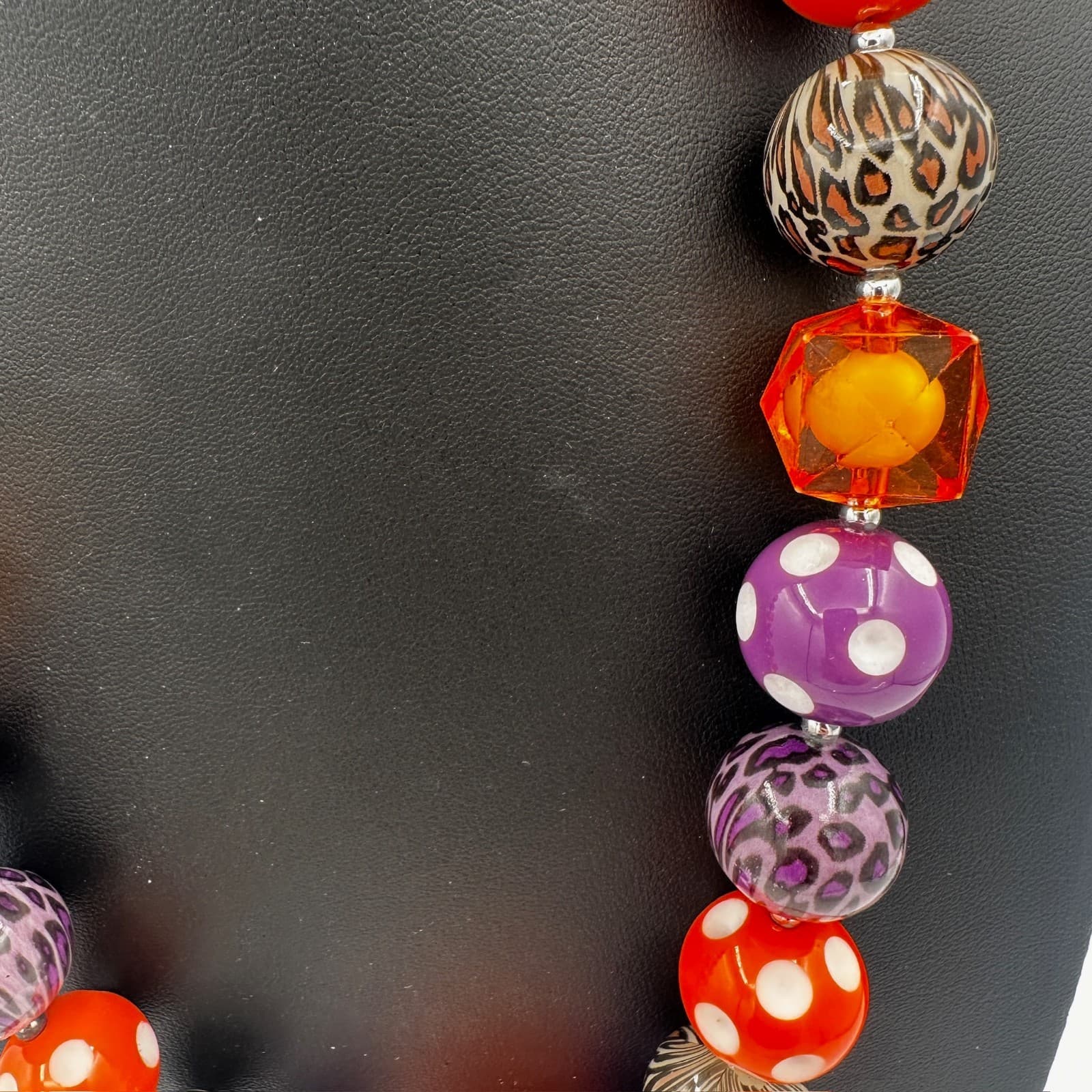 Chunky Halloween Bubblegum Necklace w/ Orange Rose & Leopard Beads - Thumbnail 5