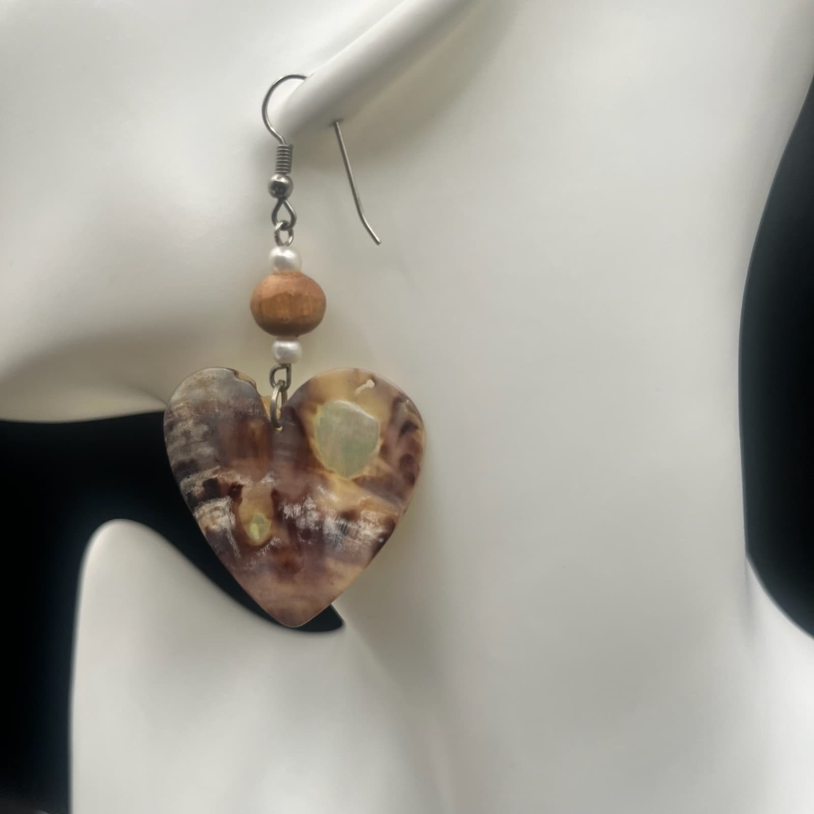 Vintage Abalone Shell Heart Dangle Earrings Faux Pearl Wood Beads Boho Jewelry - Thumbnail 2