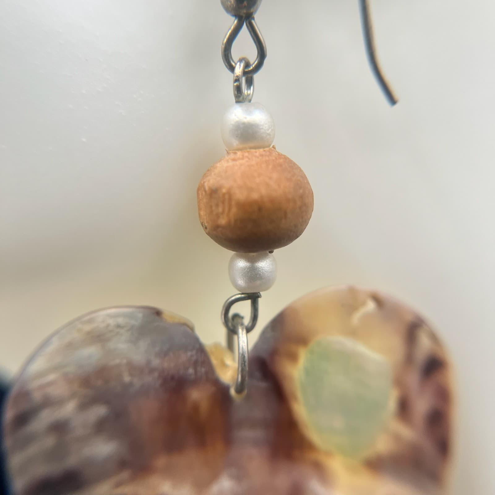 Vintage Abalone Shell Heart Dangle Earrings Faux Pearl Wood Beads Boho Jewelry - Thumbnail 4