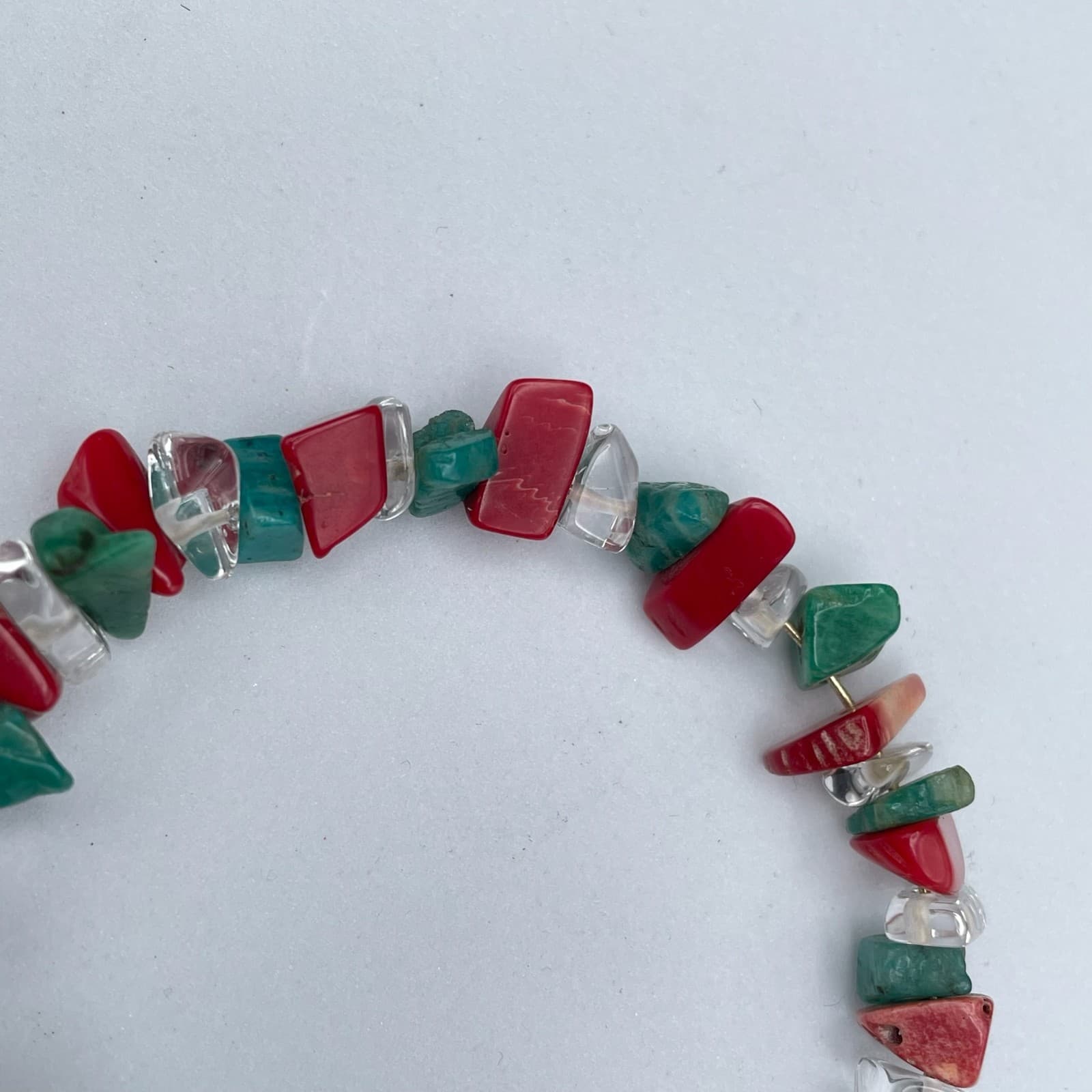 Vintage Natural Red Coral Turquoise Clear Quartz Chip Stretch Bracelet Jewelry - Thumbnail 6