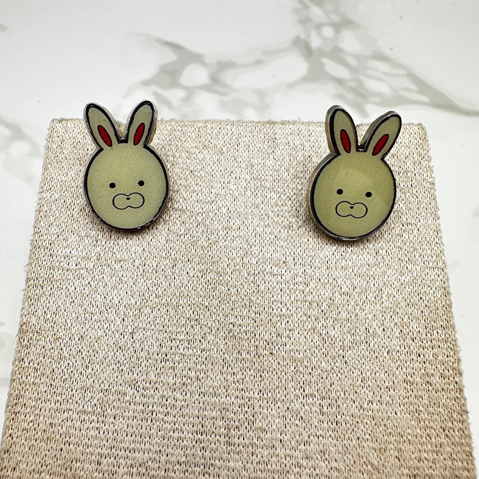 Vintage Adorable Bunny Rabbit Stud Earrings Animal Green Red Face Ears Tora and - Image 1