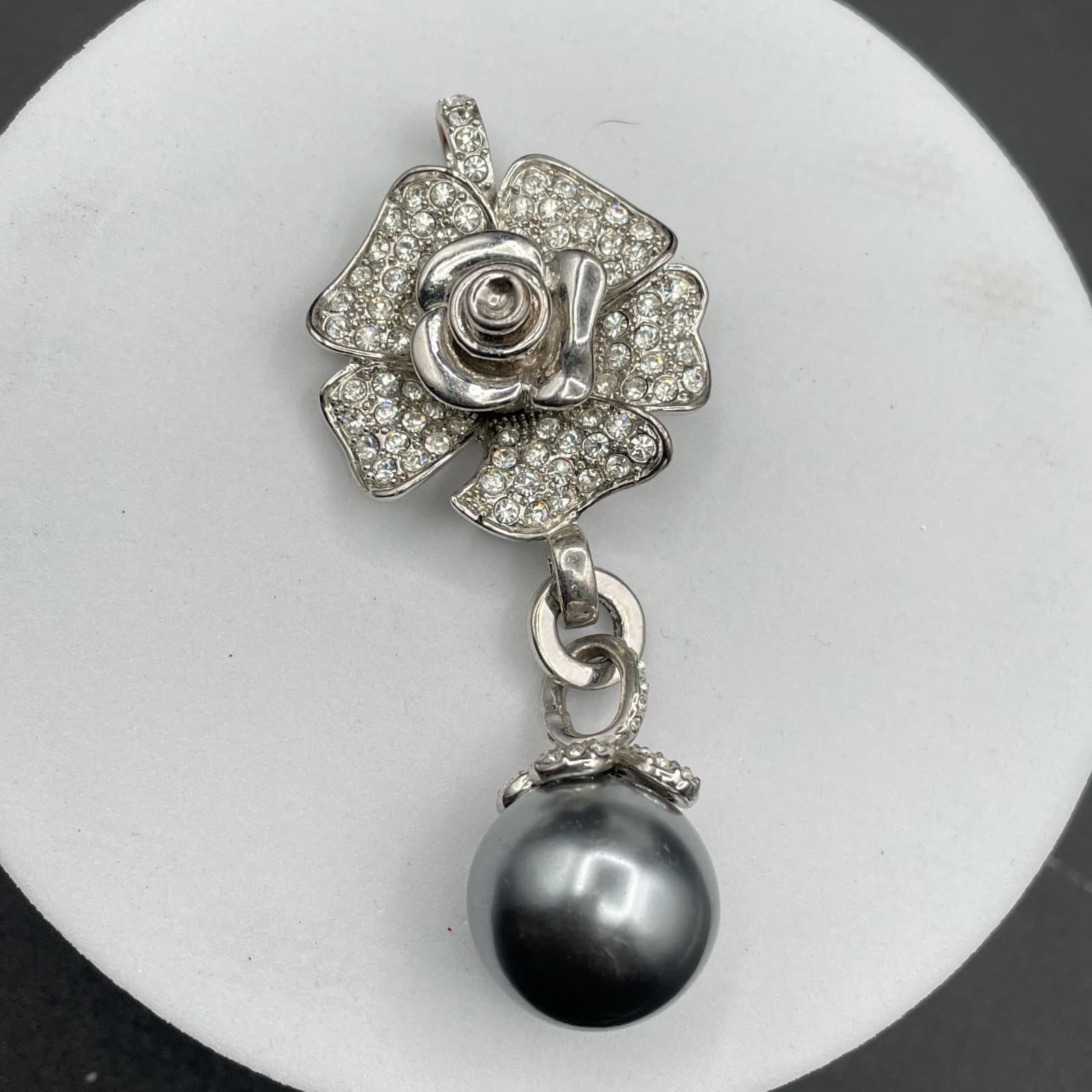 Classic Silver-Tone Floral Pave Crystal Embellished Black Dangling Pearl Pendant - Image 1