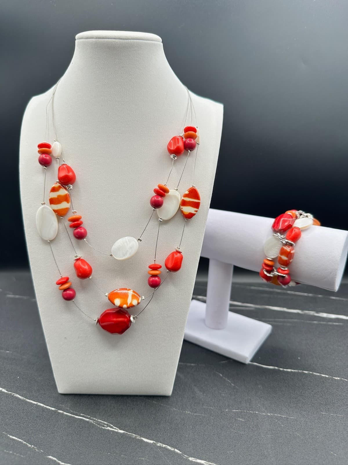 Vintage Silver-Tone Red Shell Triple-Strand Beaded Station Necklace Bracelet Set - Image 1