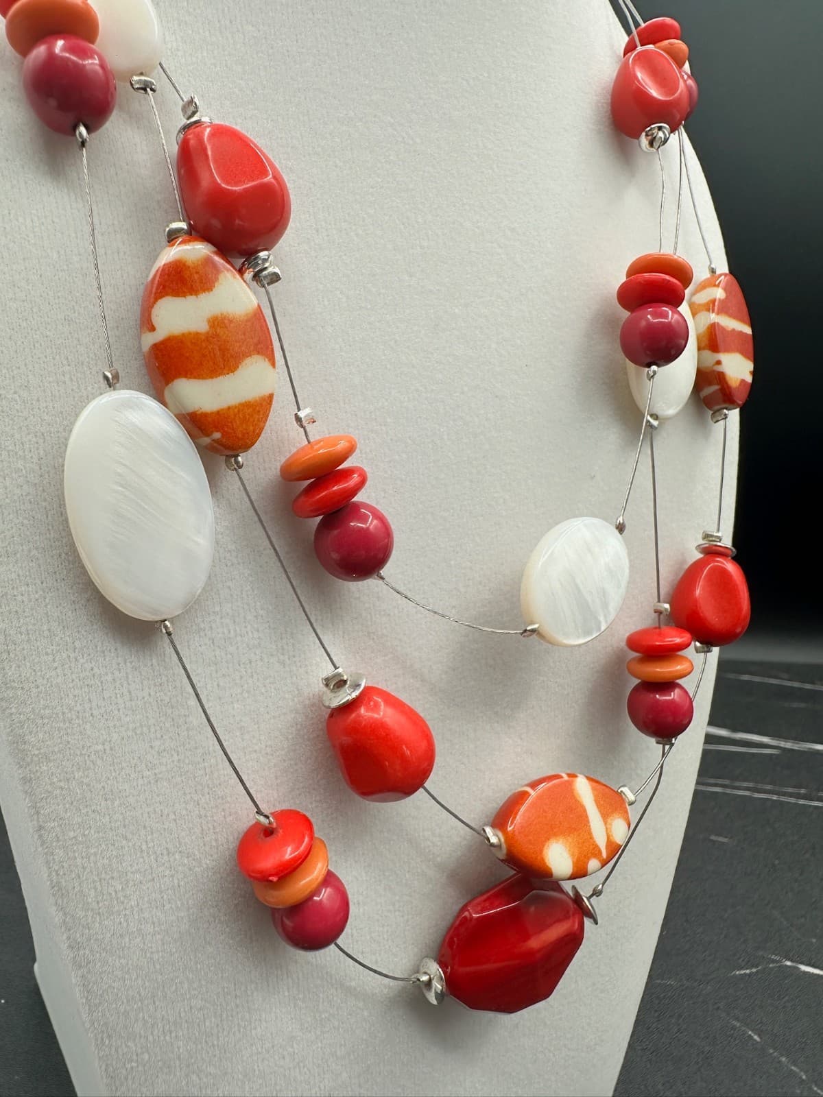 Vintage Silver-Tone Red Shell Triple-Strand Beaded Station Necklace Bracelet Set - Thumbnail 3