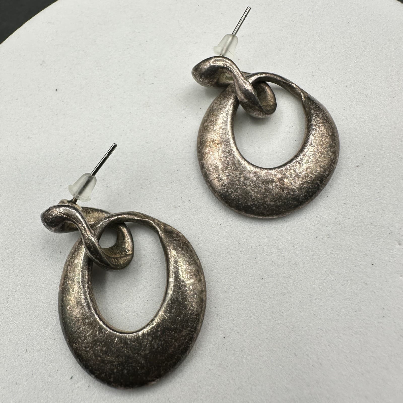 VTG Silver Tone Abstract Knot Oval Drop Earrings Textured Statement Pierced - Thumbnail 12