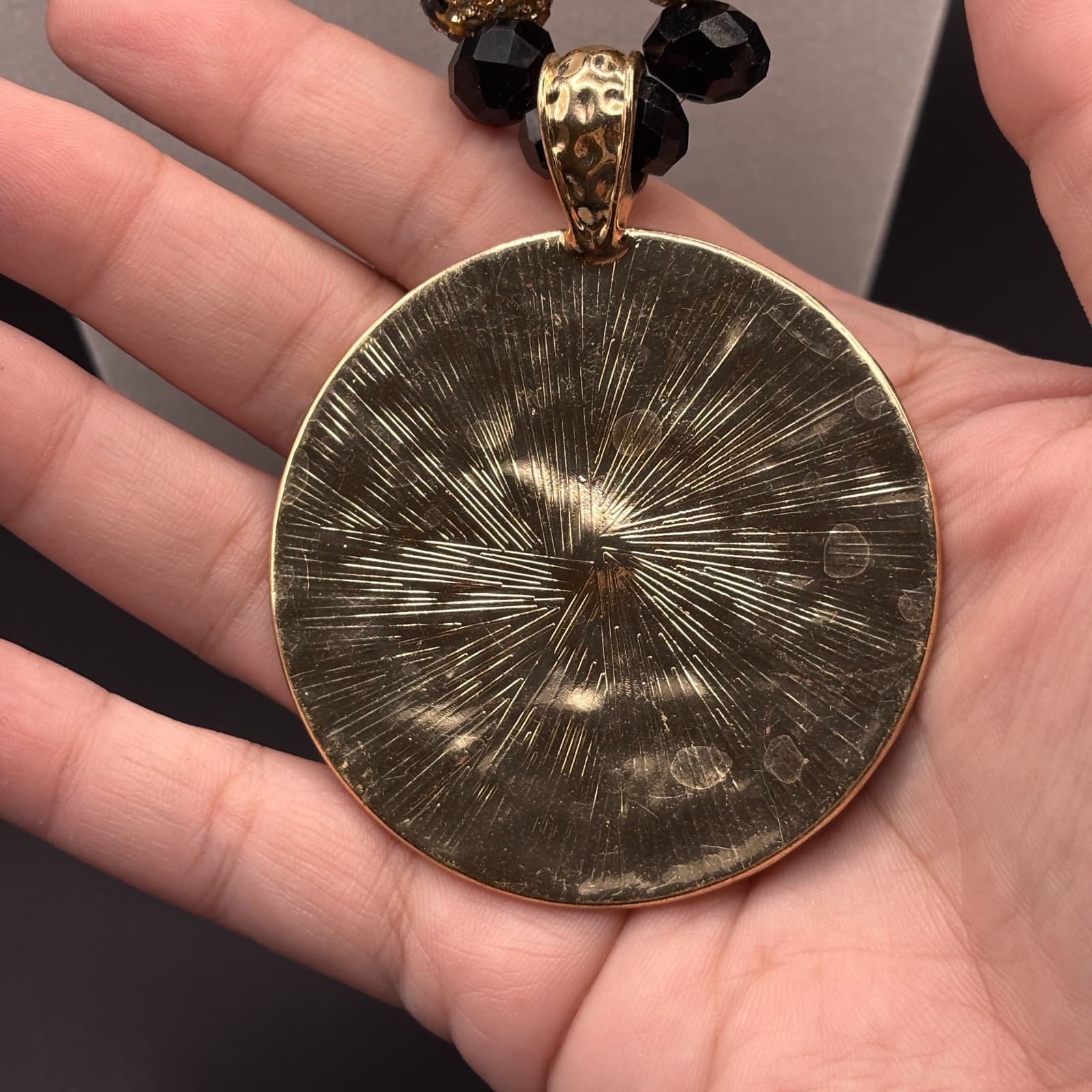 Vintage Gold Black Chunky Necklace Hammered Pendant Resin Crystal Beaded Jules - Thumbnail 2