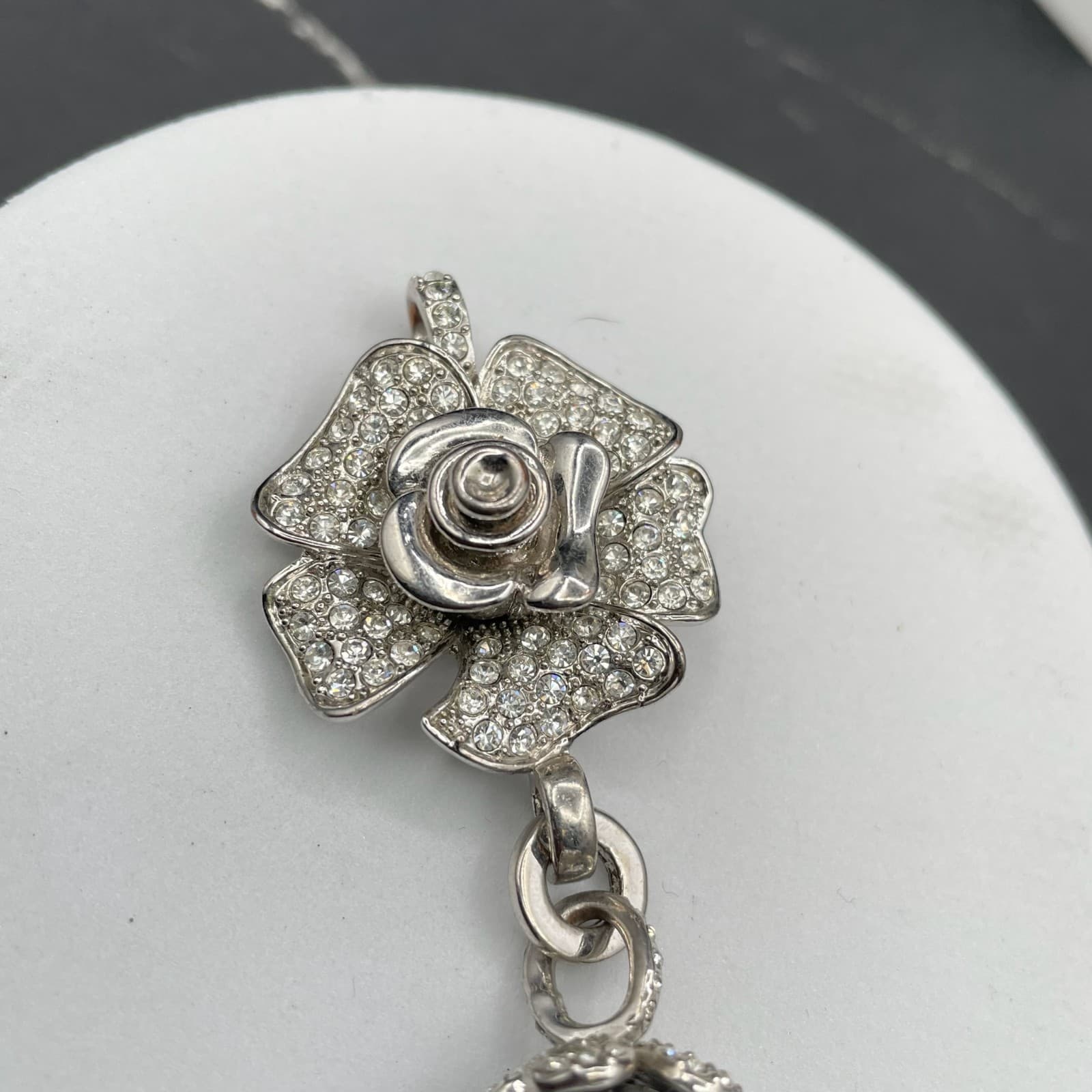 Classic Silver-Tone Floral Pave Crystal Embellished Black Dangling Pearl Pendant - Thumbnail 3