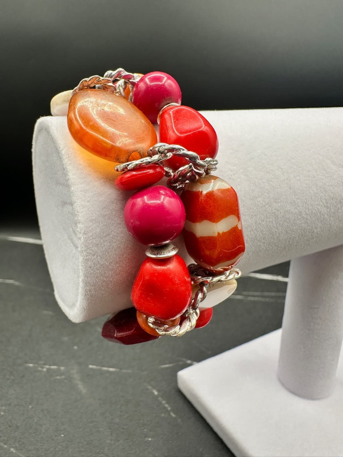 Vintage Silver-Tone Red Shell Triple-Strand Beaded Station Necklace Bracelet Set - Thumbnail 10