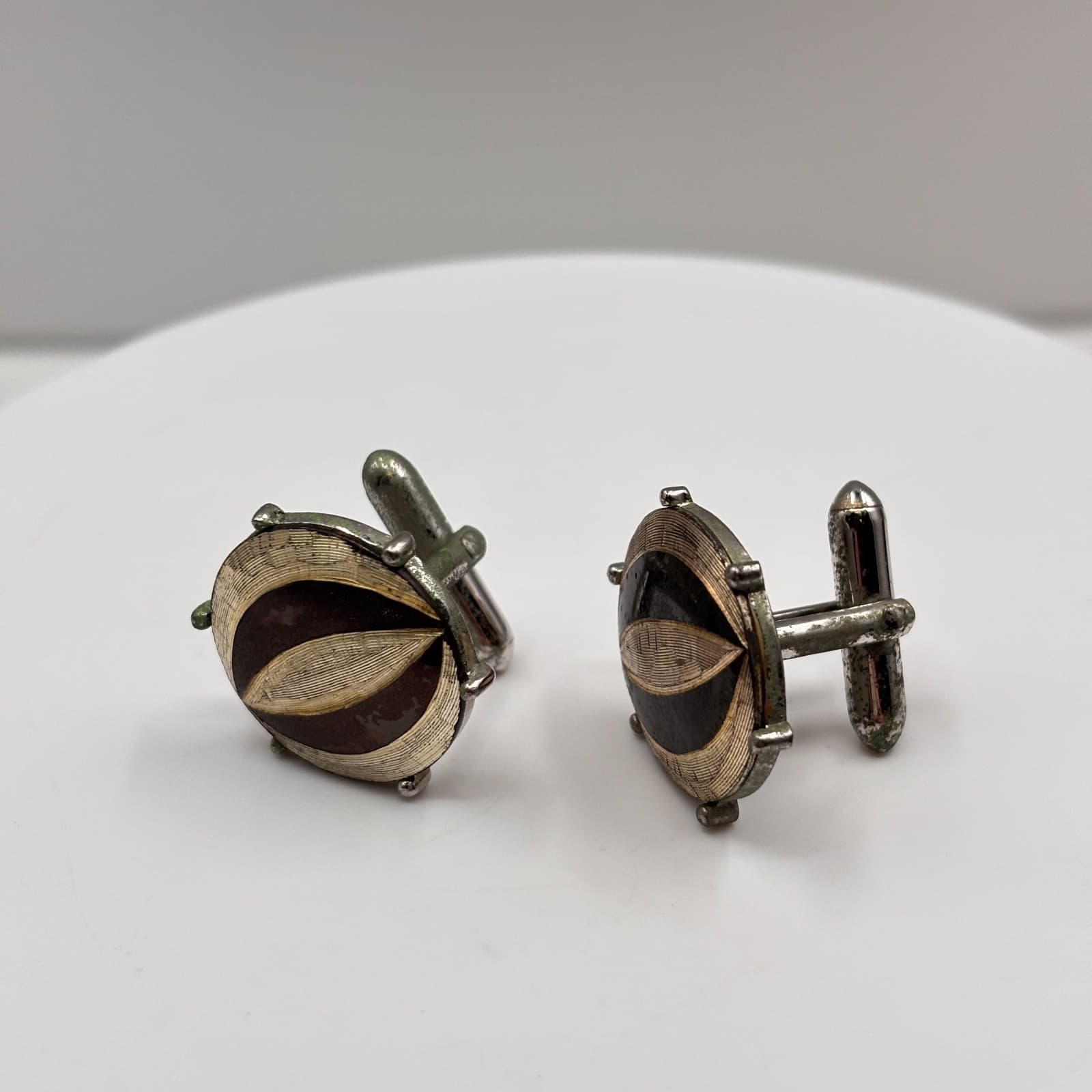VTG Swank Cufflinks Silver Tone Abstract Leaf Eye Design Mod Mid Century Men's - Thumbnail 3