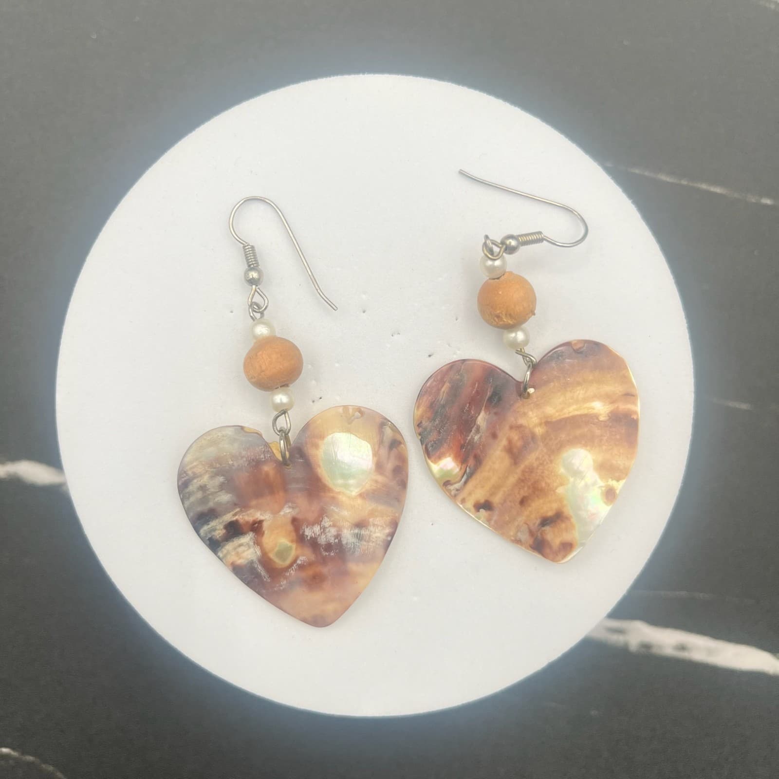 Vintage Abalone Shell Heart Dangle Earrings Faux Pearl Wood Beads Boho Jewelry - Thumbnail 7