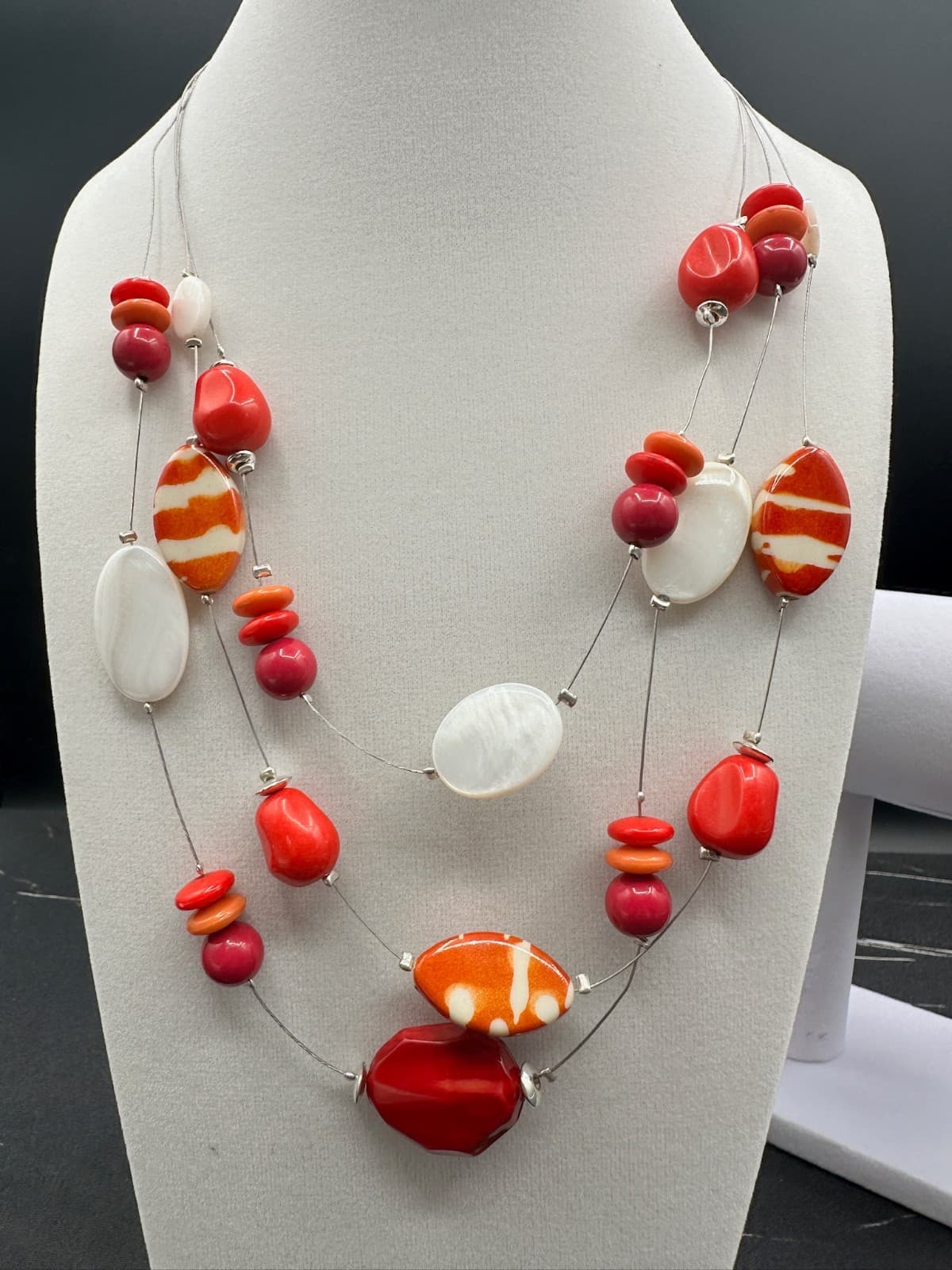 Vintage Silver-Tone Red Shell Triple-Strand Beaded Station Necklace Bracelet Set - Thumbnail 2