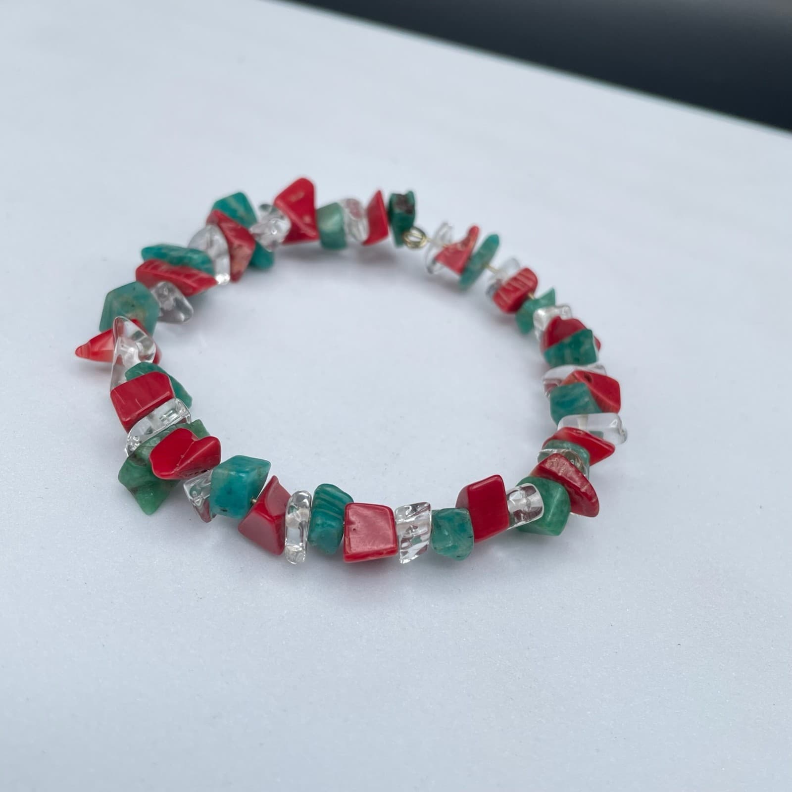 Vintage Natural Red Coral Turquoise Clear Quartz Chip Stretch Bracelet Jewelry - Thumbnail 3