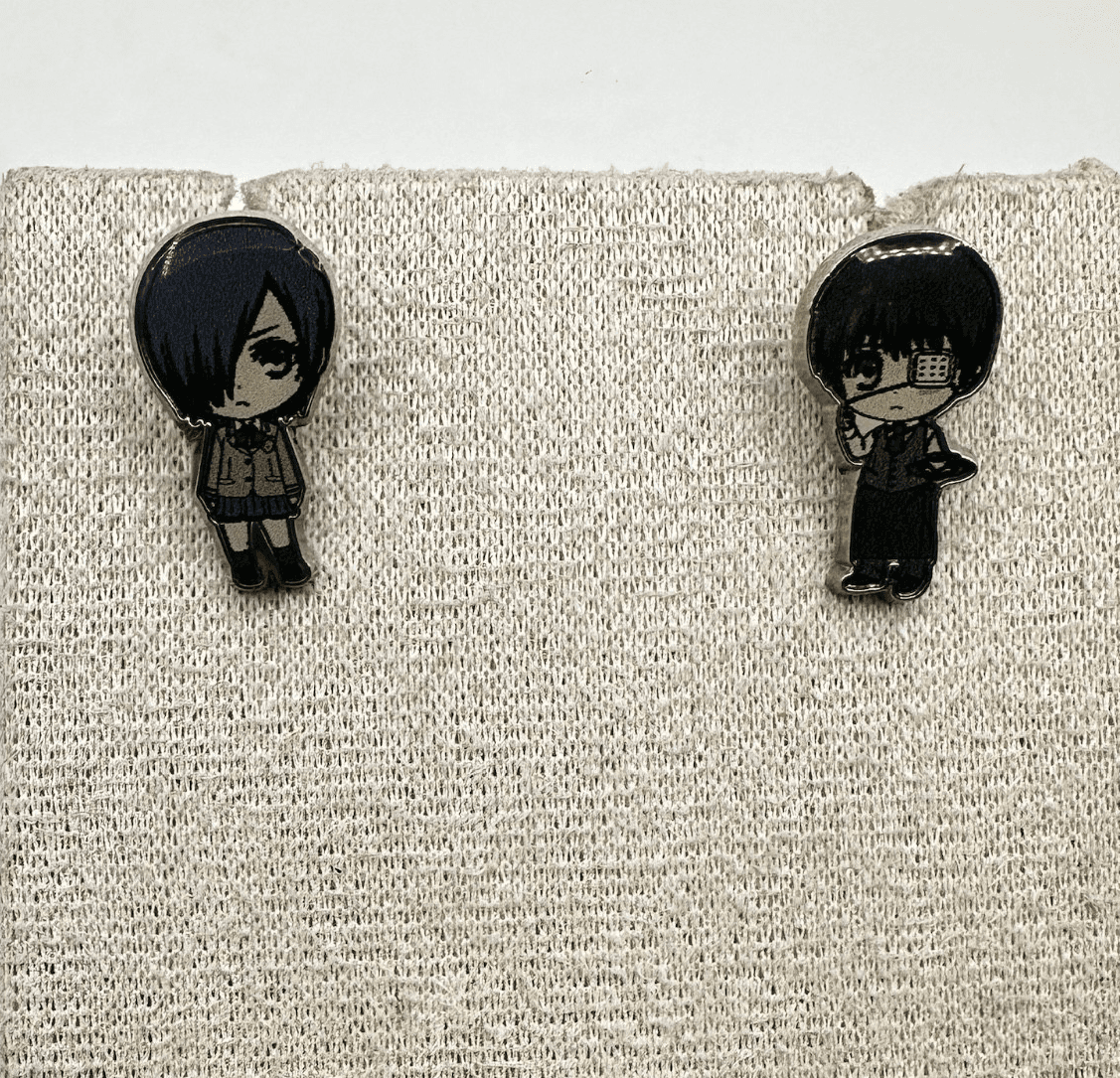 Vintage Tokyo Ghoul Kaneki Touka Chibi Acrylic Earring Pin Set Anime Manga - Image 1