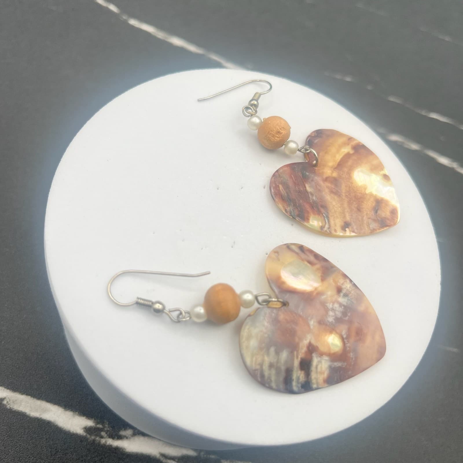 Vintage Abalone Shell Heart Dangle Earrings Faux Pearl Wood Beads Boho Jewelry - Thumbnail 9