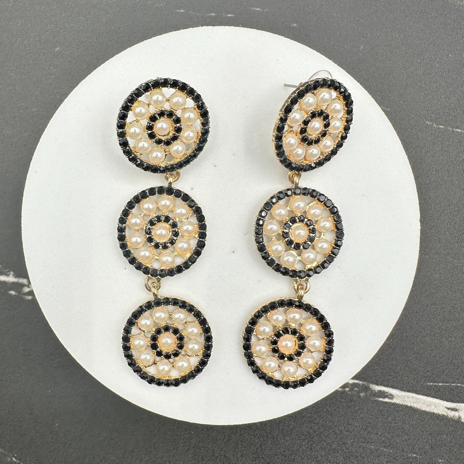 VTG Gold Tone Triple Circle Drop Earrings Black Rhinestone &Faux Pearl Statement - Thumbnail 8