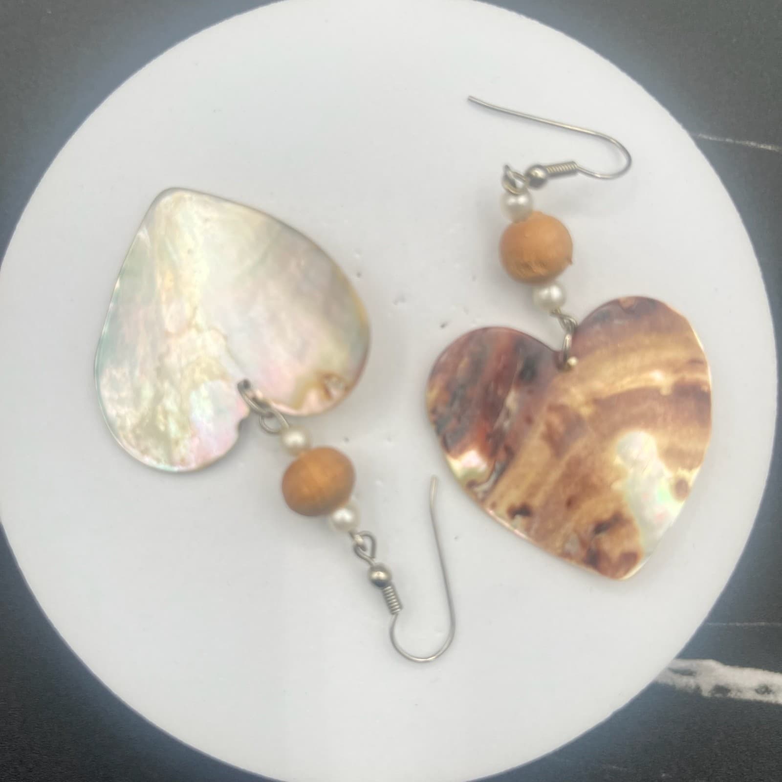 Vintage Abalone Shell Heart Dangle Earrings Faux Pearl Wood Beads Boho Jewelry - Thumbnail 8