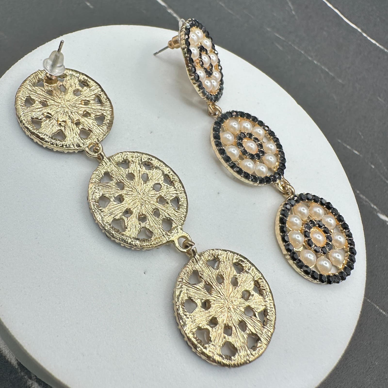 VTG Gold Tone Triple Circle Drop Earrings Black Rhinestone &Faux Pearl Statement - Thumbnail 12