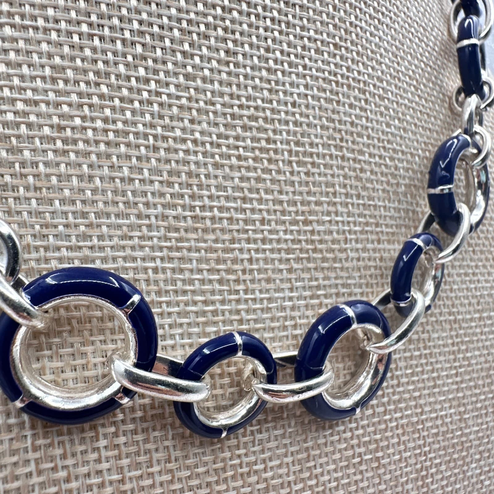 Vintage Y2K Silver Tone Blue Enamel Circle Link Choker Necklace Women's Jewelry - Thumbnail 5