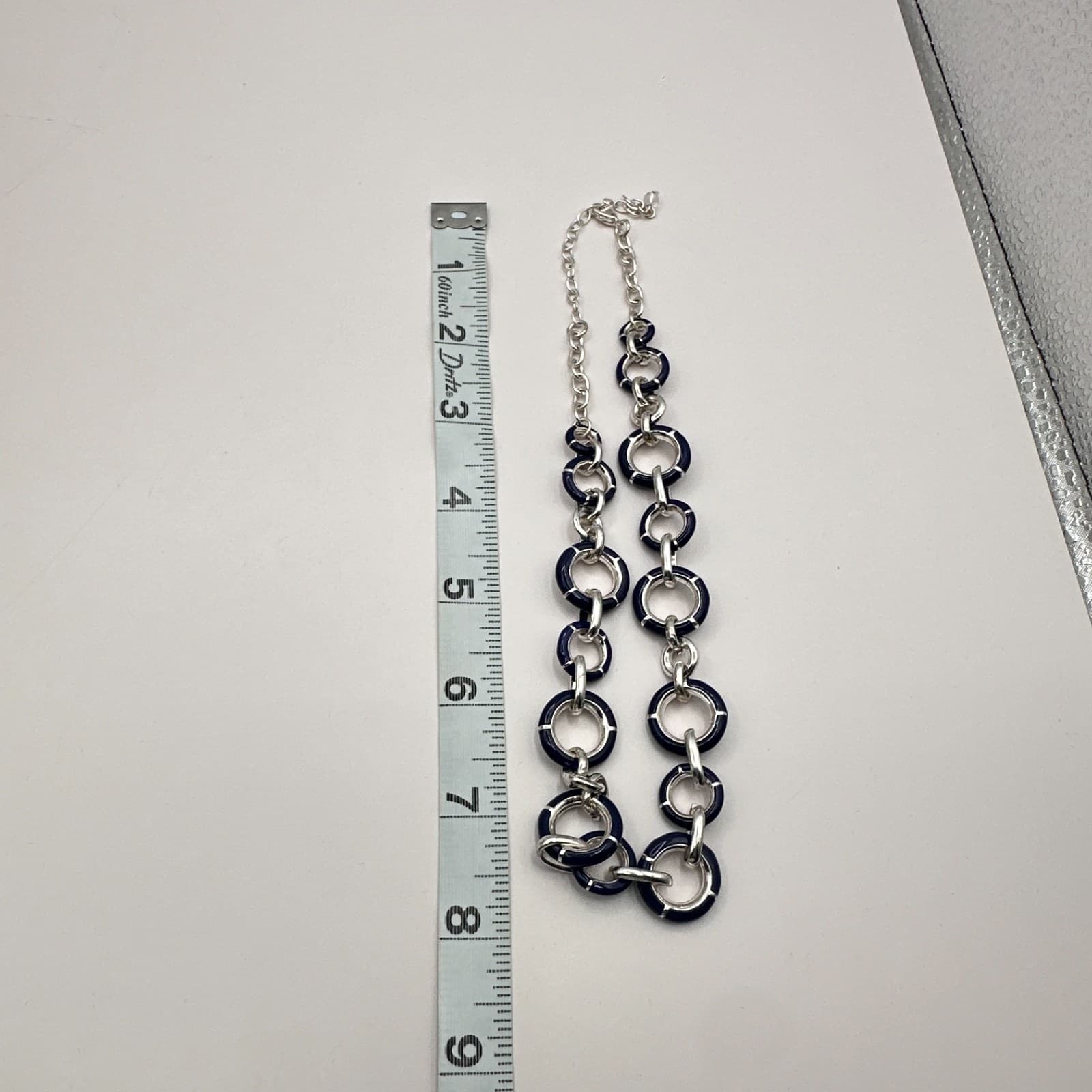 Vintage Y2K Silver Tone Blue Enamel Circle Link Choker Necklace Women's Jewelry - Thumbnail 8