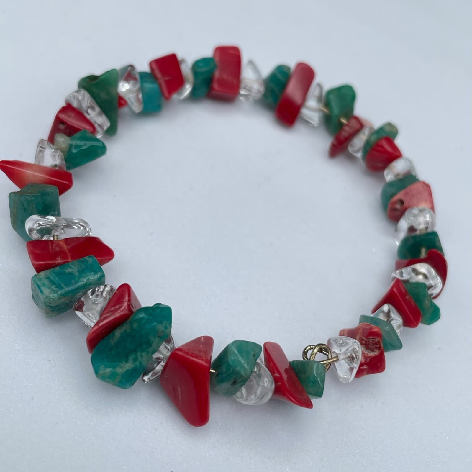 Vintage Natural Red Coral Turquoise Clear Quartz Chip Stretch Bracelet Jewelry - Thumbnail 5