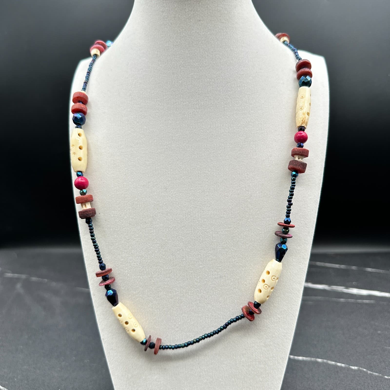 Vintage 90s Boho Wooden Beaded Necklace Statement Retro Women's Classic Jewelry - Image 1