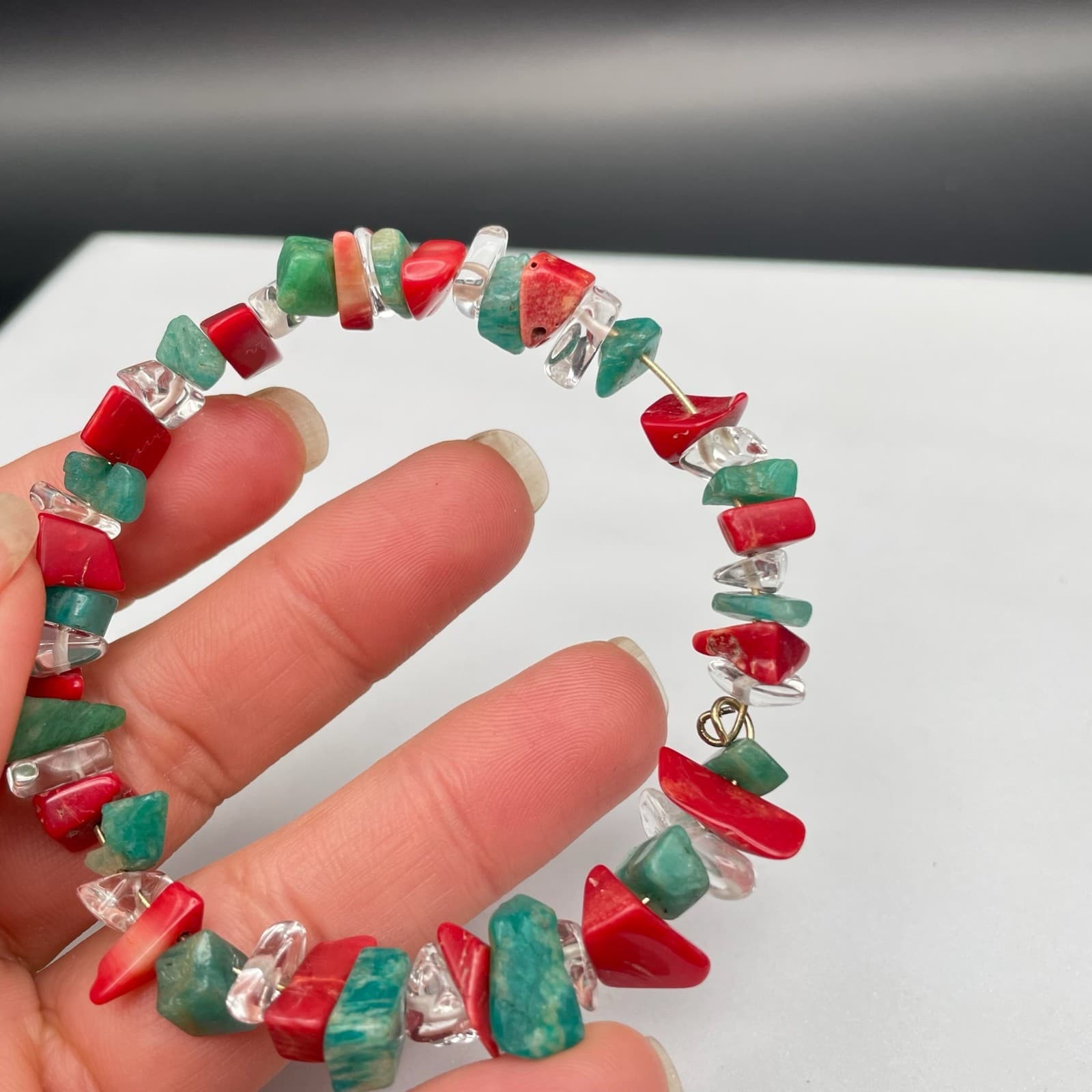 Vintage Natural Red Coral Turquoise Clear Quartz Chip Stretch Bracelet Jewelry - Thumbnail 4