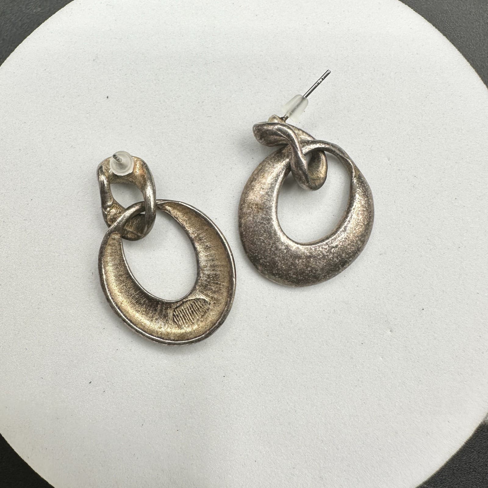VTG Silver Tone Abstract Knot Oval Drop Earrings Textured Statement Pierced - Thumbnail 14
