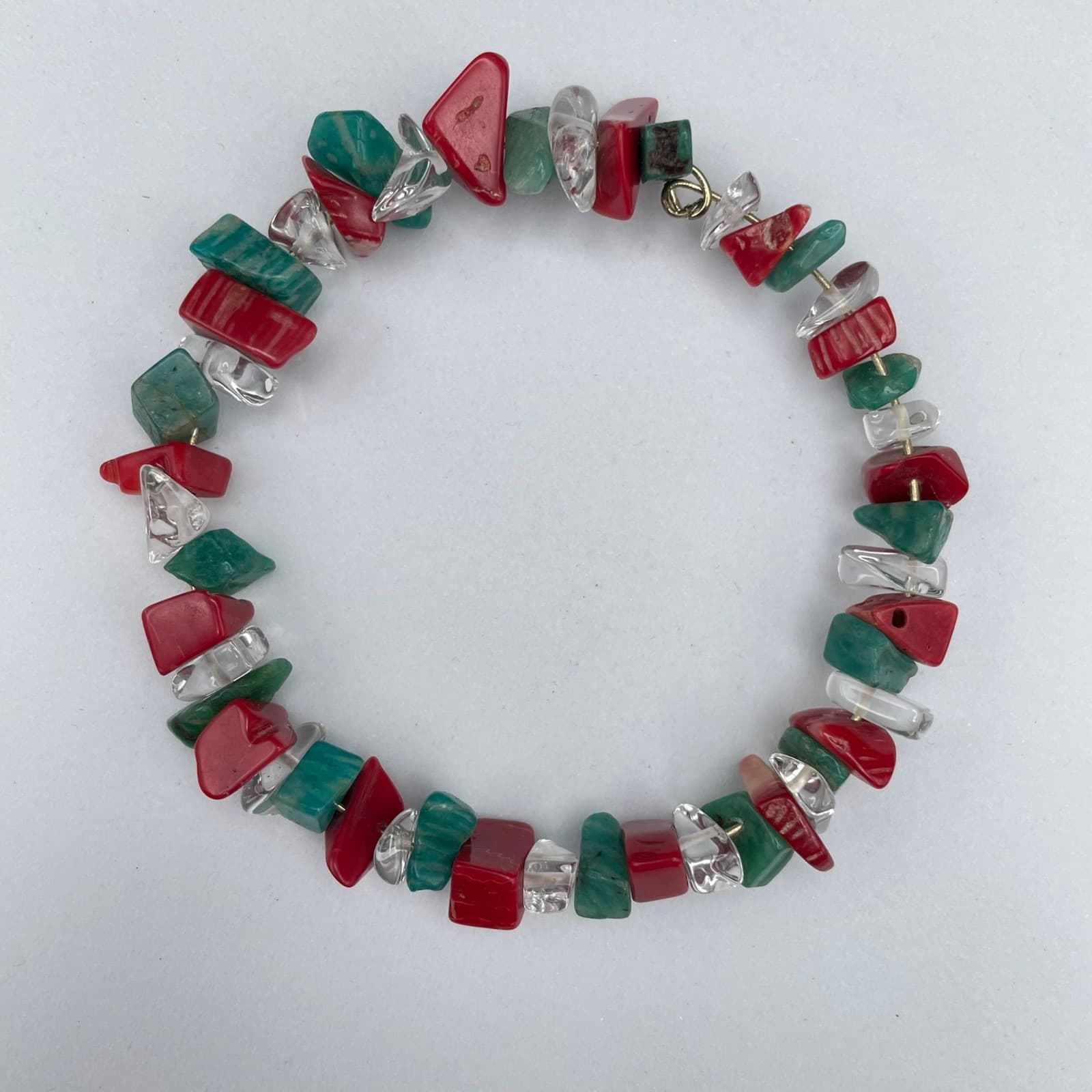 Vintage Natural Red Coral Turquoise Clear Quartz Chip Stretch Bracelet Jewelry - Thumbnail 2