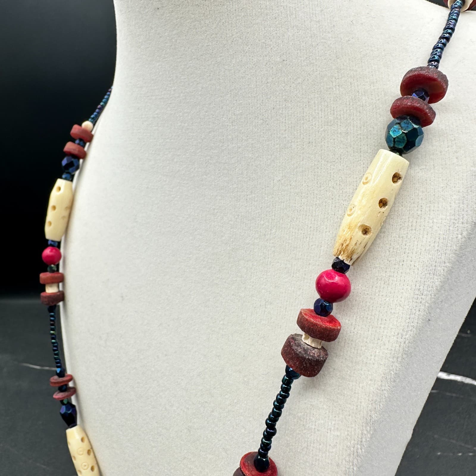 Vintage 90s Boho Wooden Beaded Necklace Statement Retro Women's Classic Jewelry - Thumbnail 5