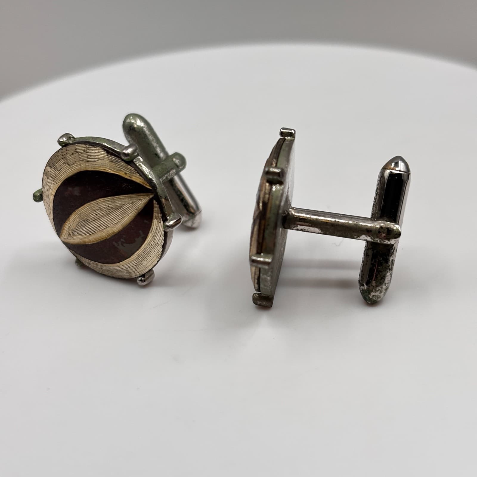 VTG Swank Cufflinks Silver Tone Abstract Leaf Eye Design Mod Mid Century Men's - Thumbnail 2