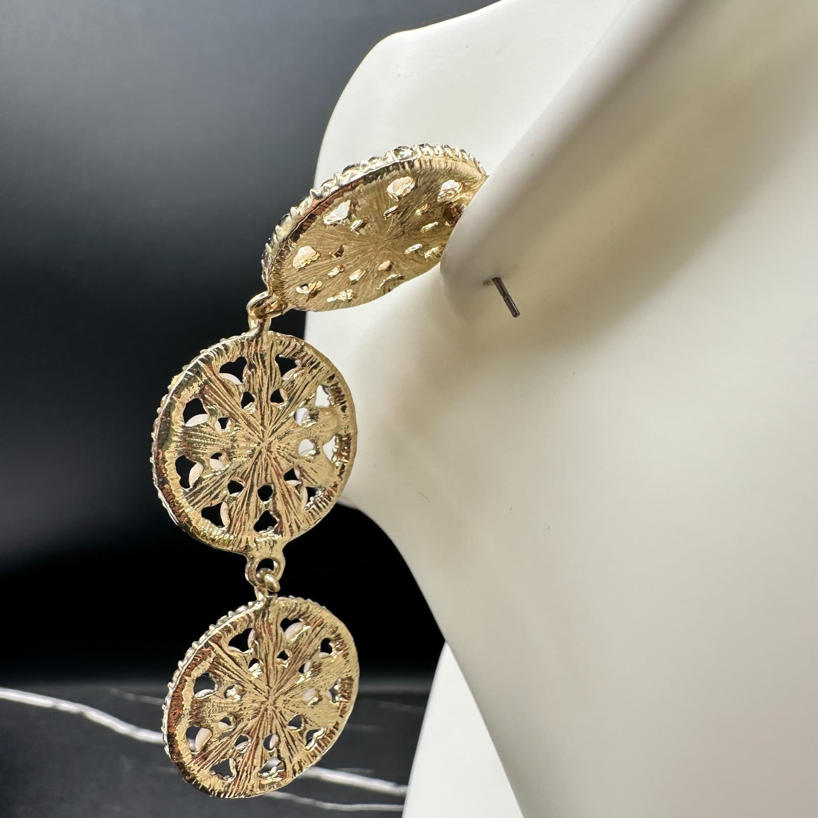 VTG Gold Tone Triple Circle Drop Earrings Black Rhinestone &Faux Pearl Statement - Thumbnail 6