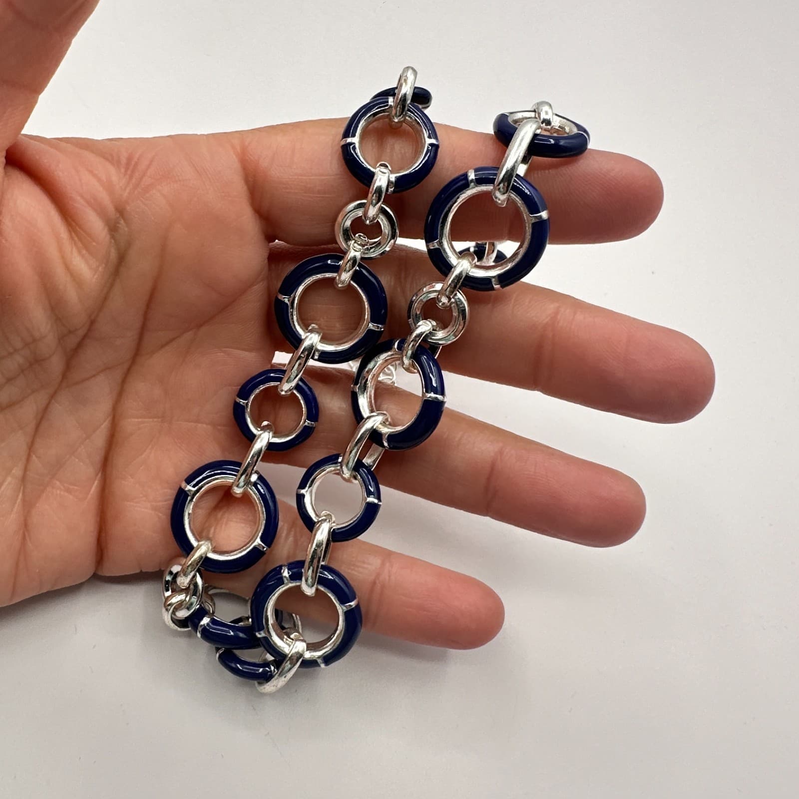 Vintage Y2K Silver Tone Blue Enamel Circle Link Choker Necklace Women's Jewelry - Thumbnail 7